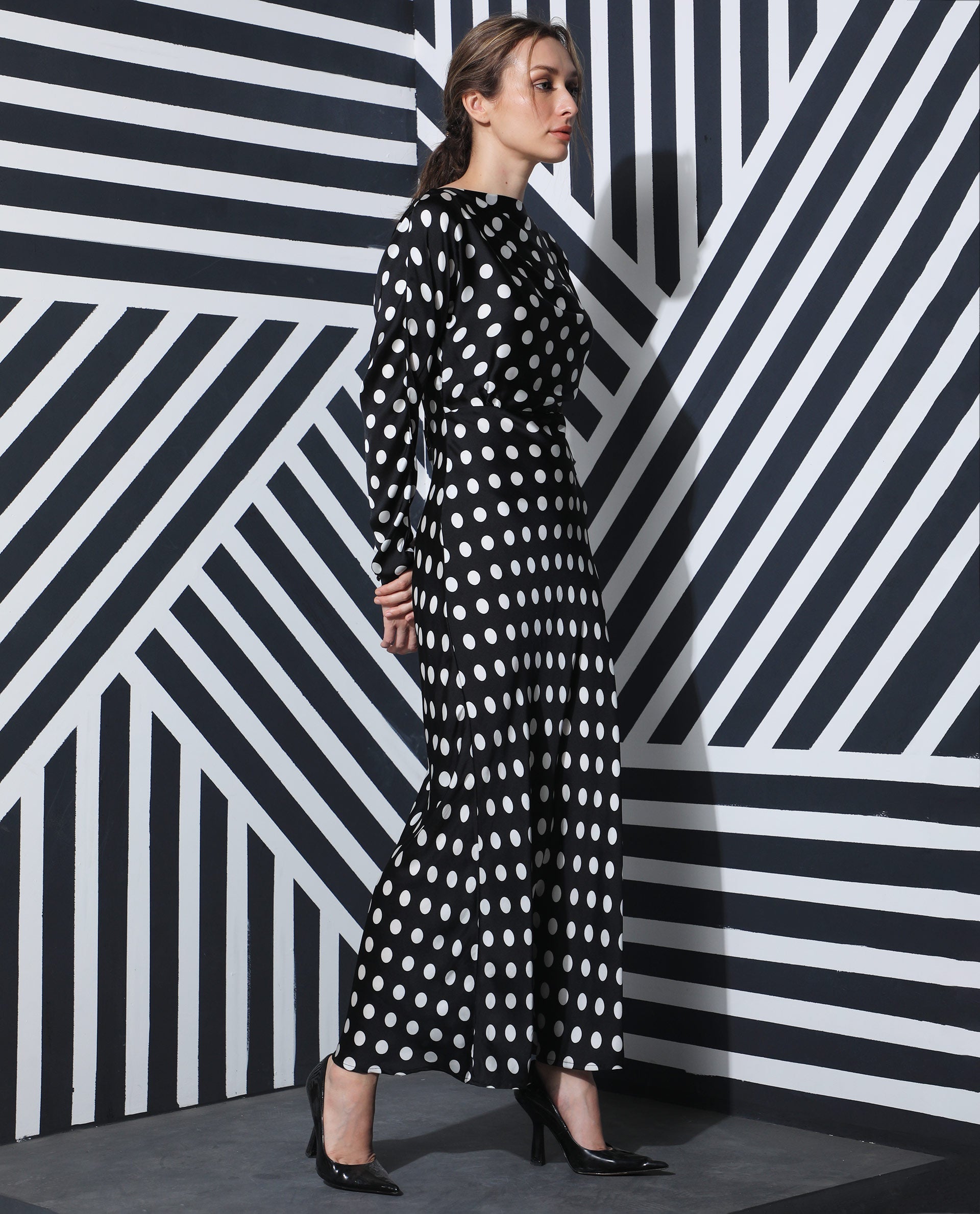 Rareism Women Alsus Black Polka Print Boat Neck Full Sleeves Maxi Dress