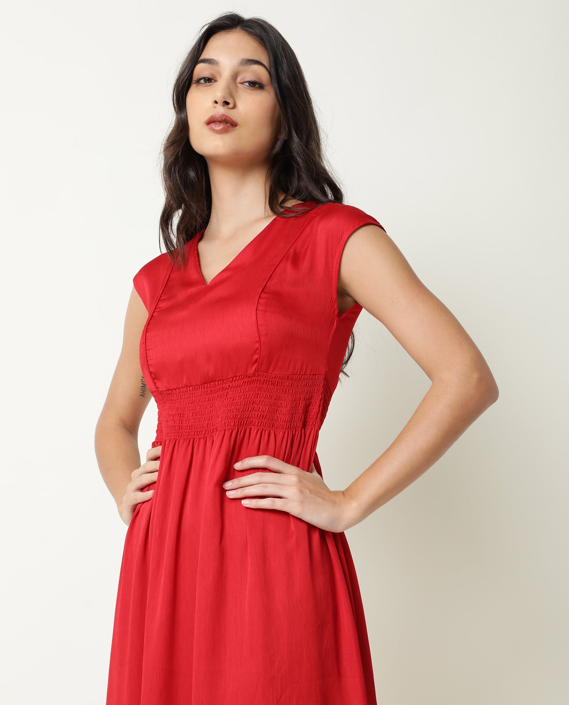 Rareism Women Milux Red V Neck Calf Sleeves Smocking Waist Knee Length Dress
