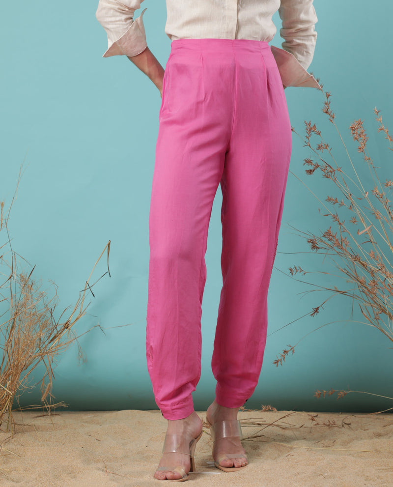 Rareism Women Erin Flouroscent Pink Modal Linen Fabric Tailored Fit Mid Rise Solid Ankle Length Trousers