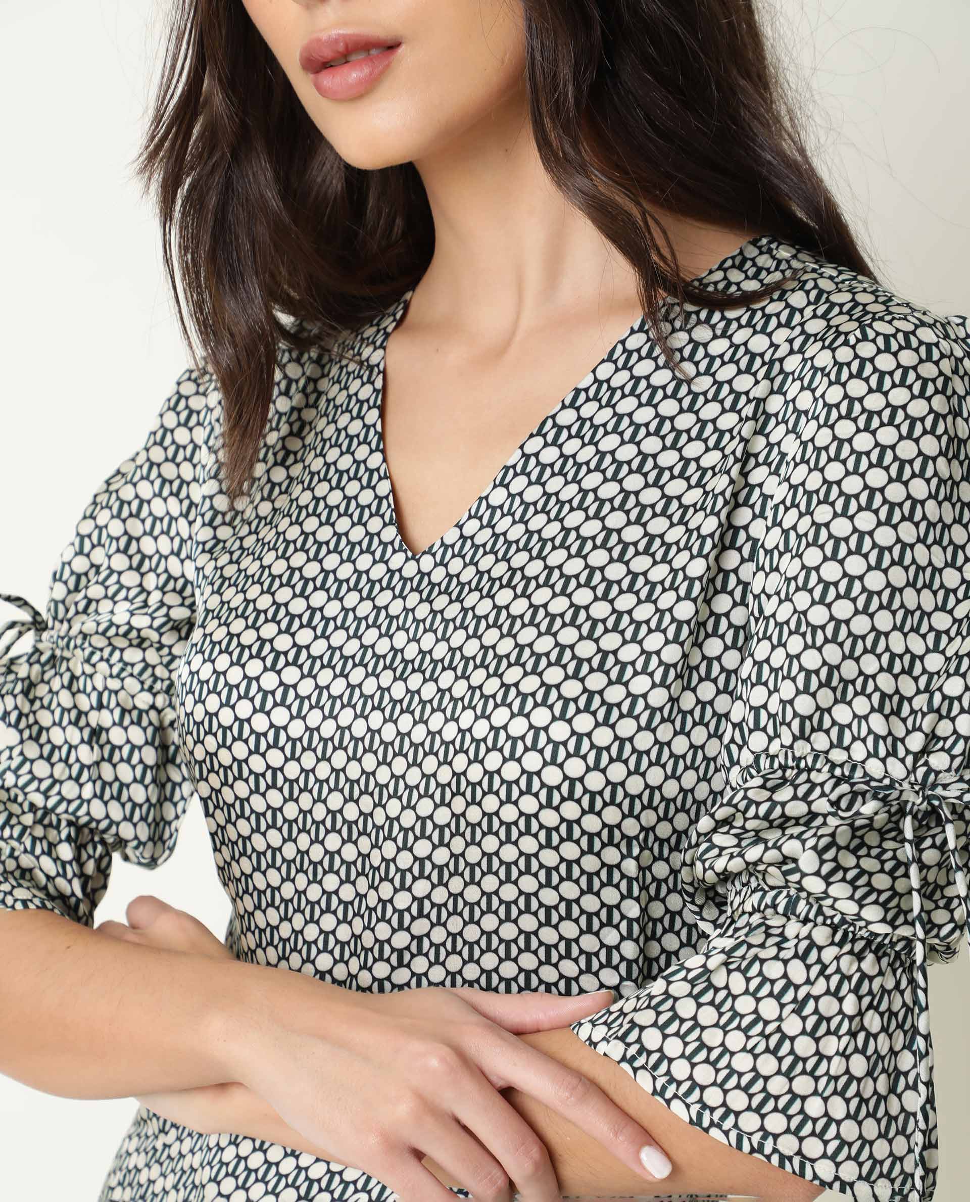Rareism Women's Cecilia Beige V-Neck Geometric Print Knee Length Regular Fit Dress