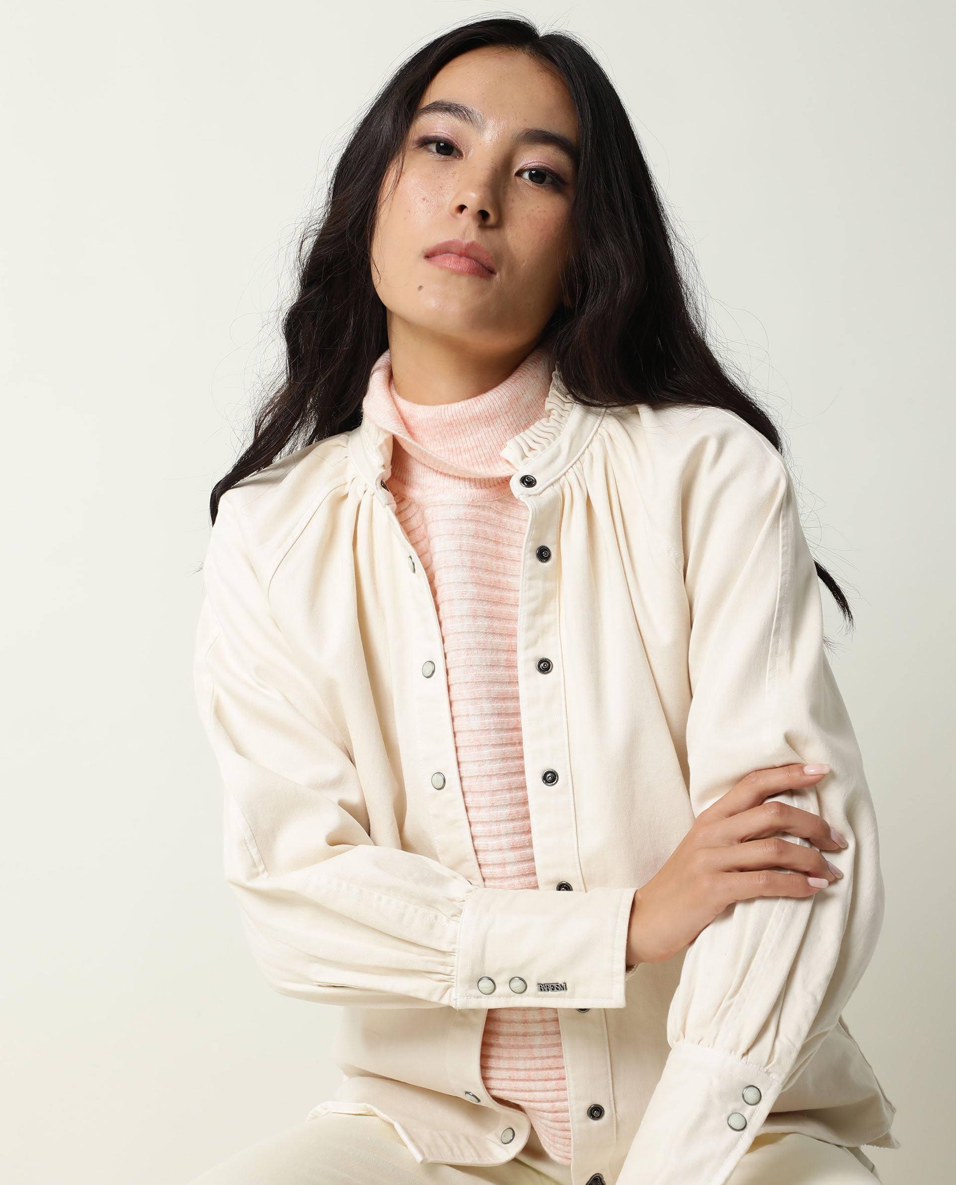 Rareism Women Bellona Off White Cotton Fabric Full Sleeves Solid Ruffled Neck Jacket