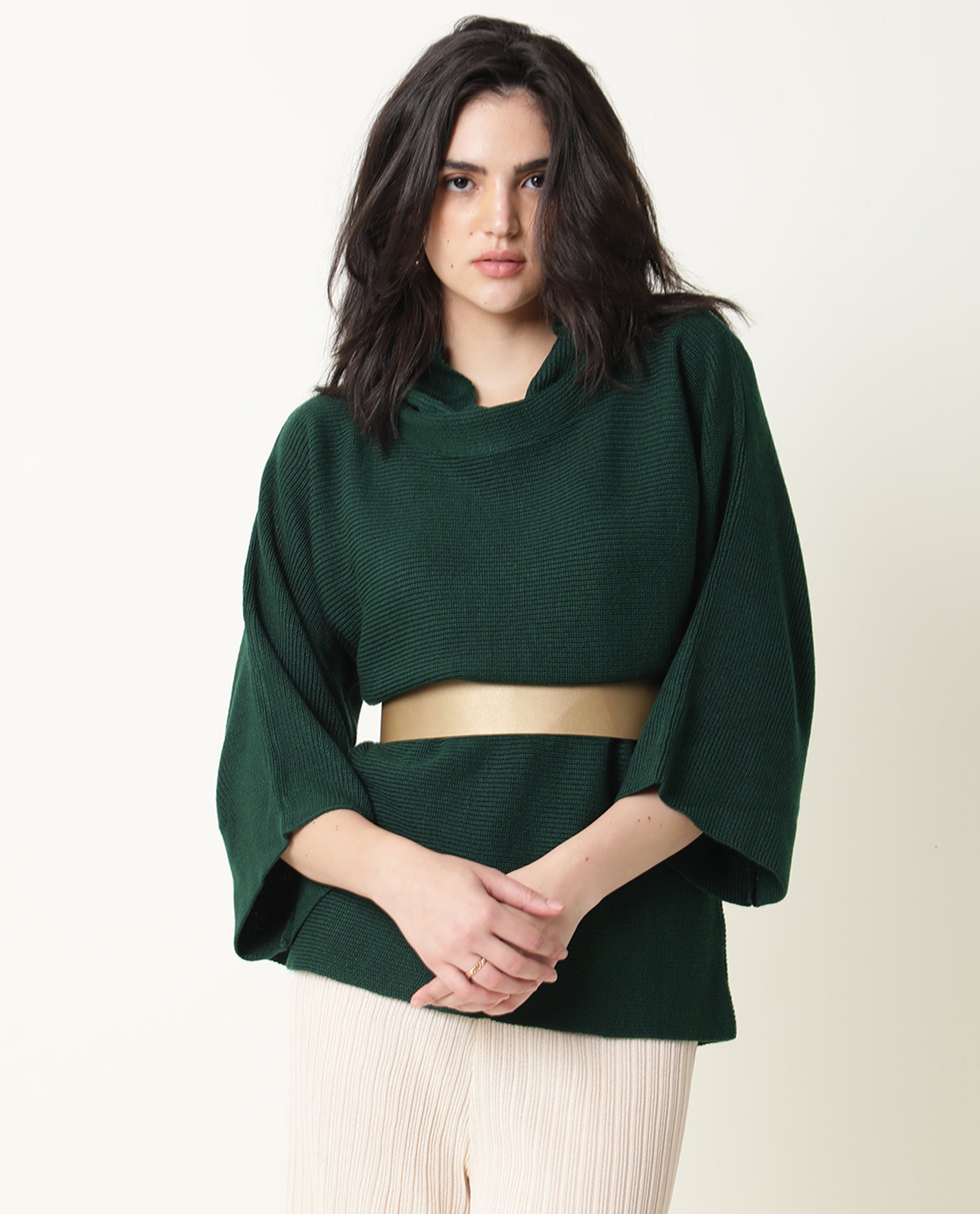 Rareism Women Sasho Green Acrylic Fabric 3/4Th Sleeves Relaxed Fit Solid Cowl Neck Sweater