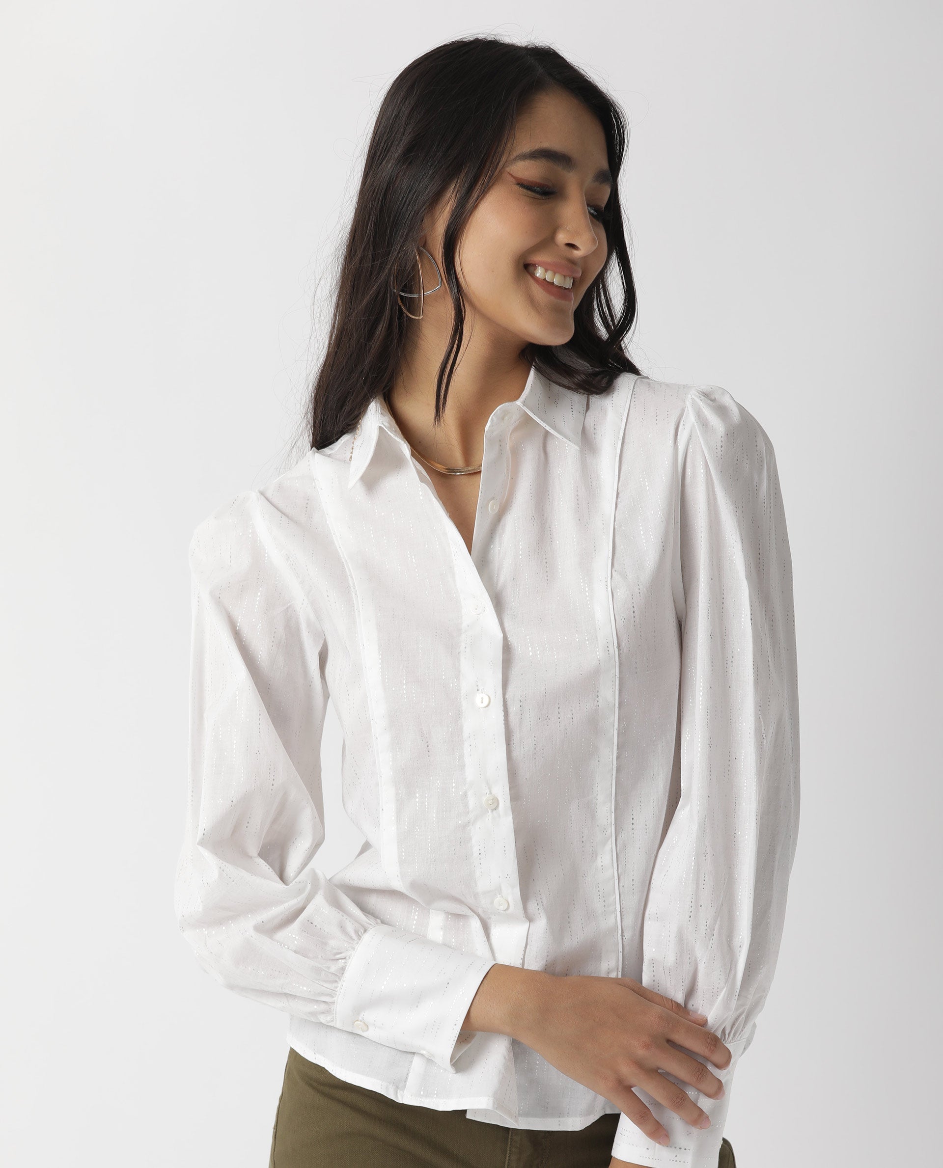 Rareism Women Camelo White Cotton Fabric Regular Fit Shirt Collar Full Sleeves Solid Top
