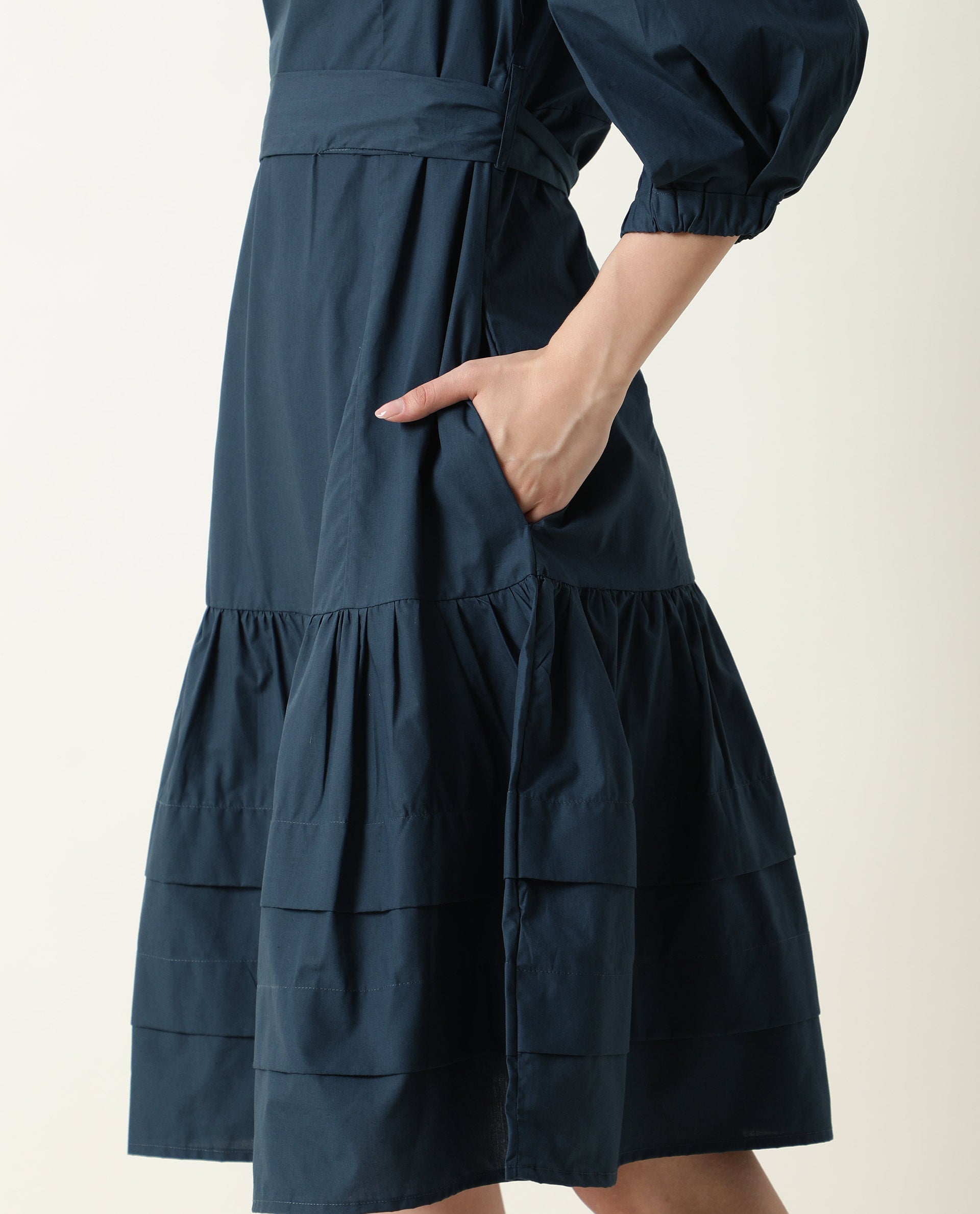 Rareism Womens Peas Petrol Dress Cotton Fabric Regular Fit Puff Sleeves Round Neck