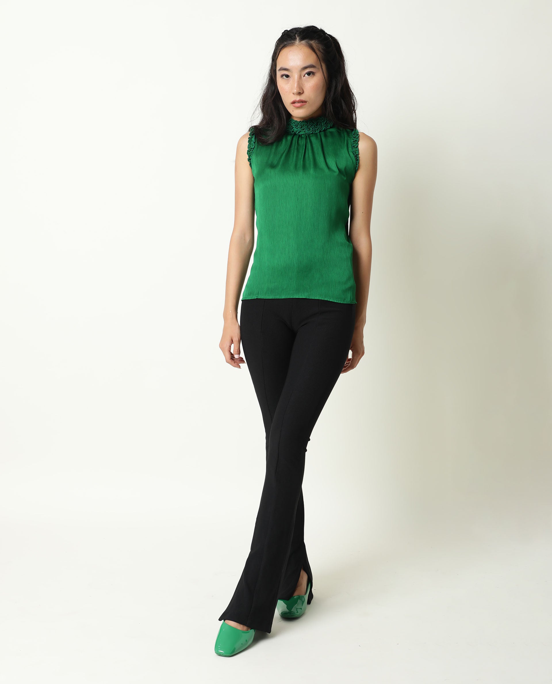 Rareism Womens Baileys Green Top Polyester Fabric  Sleeveless Ruffled Neck