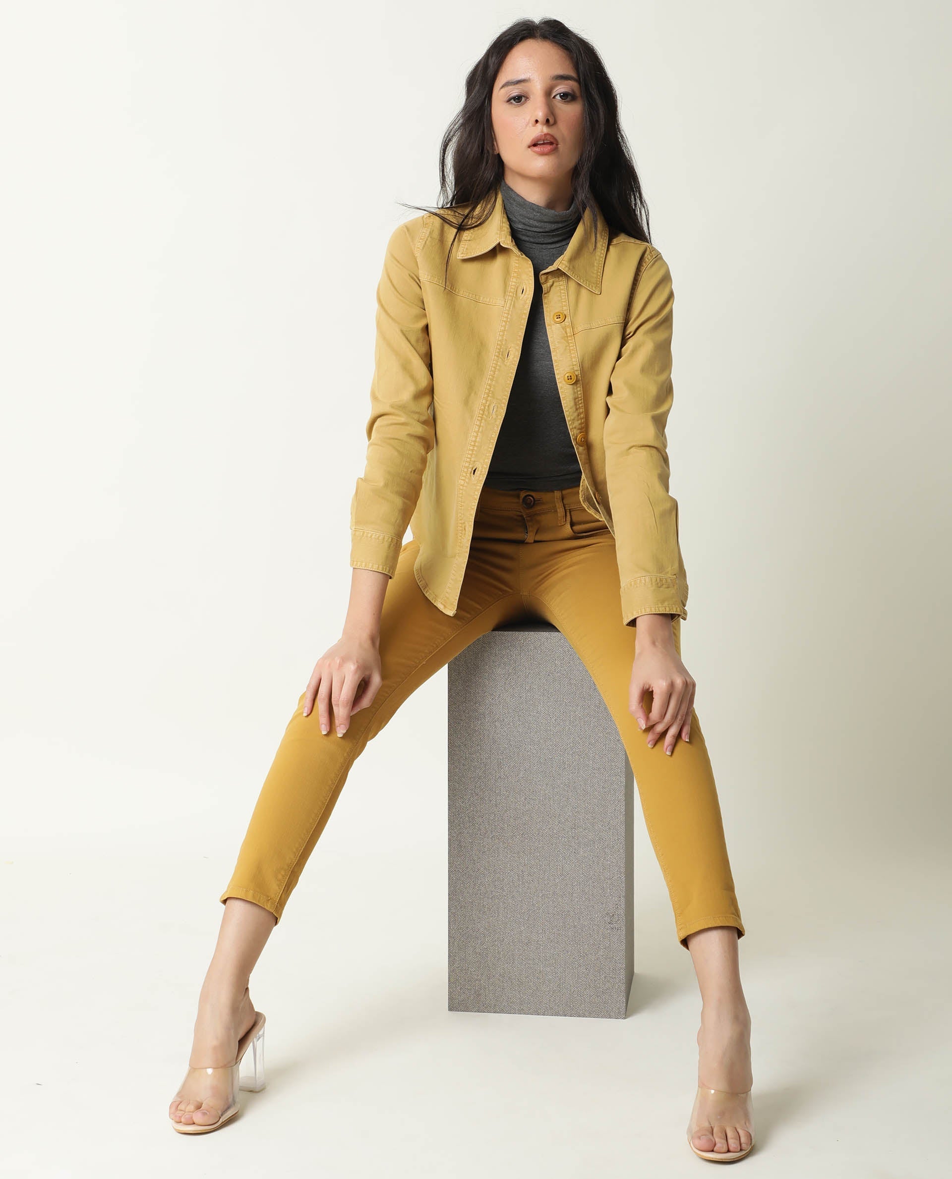 Rareism Women Mission Mustard Cotton Lycra Fabric Full Sleeves Solid Shirt Collar Jacket