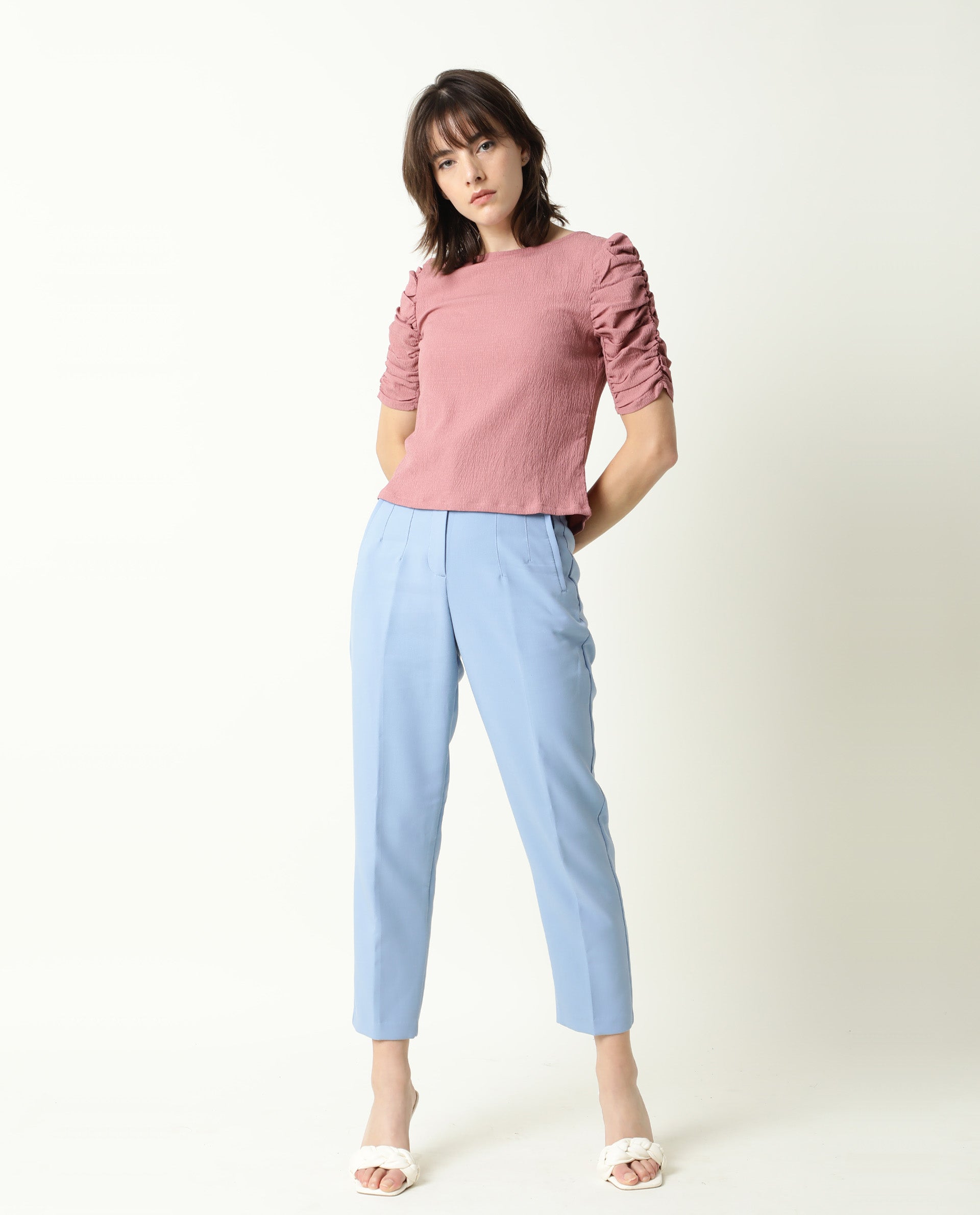 Rareism Women's Frozen Brown Cotton Boat Neck Plain Ruffled Sleeve Regular Fit Top