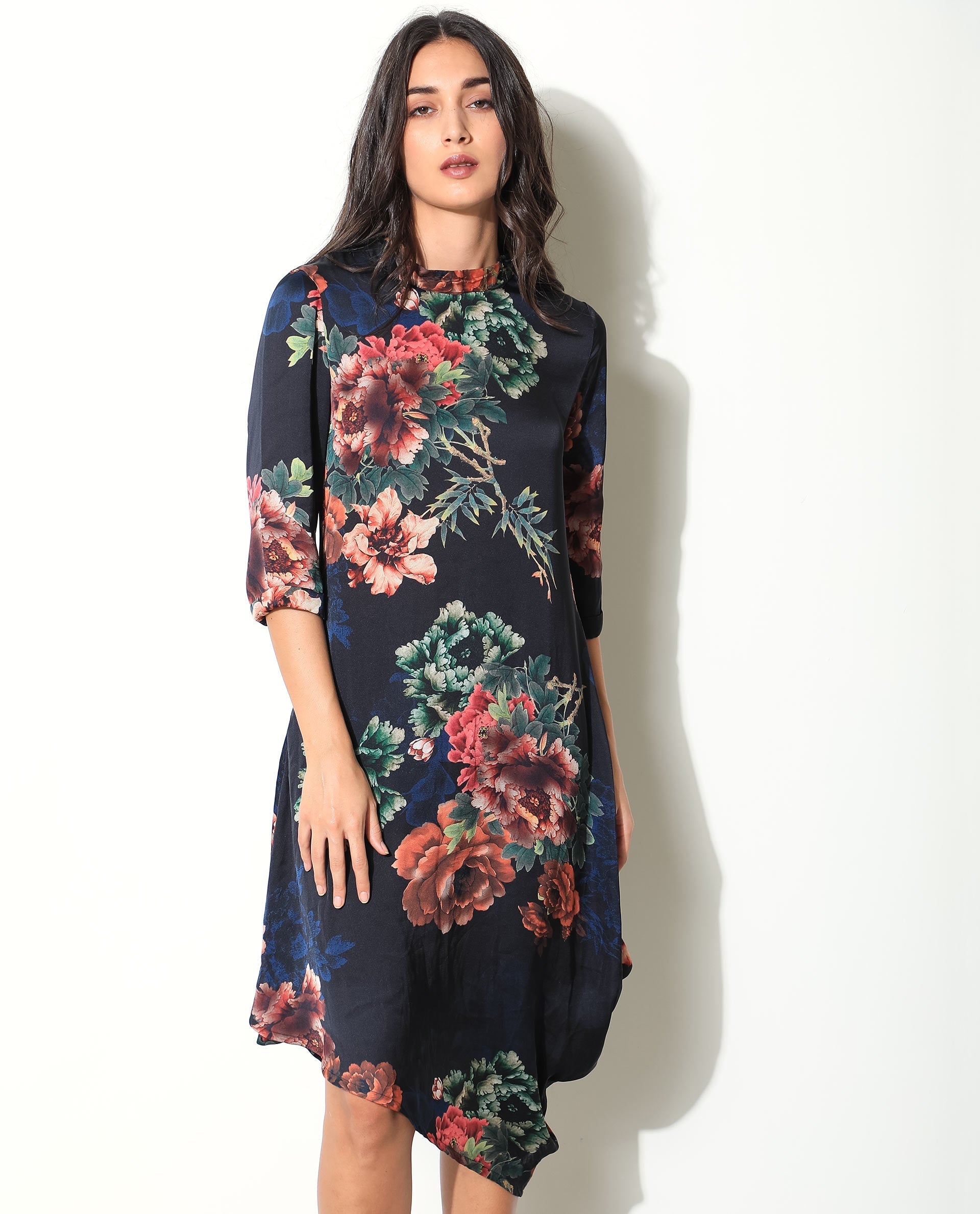 Rareism Women Astilbe Black Floral Print High Neck 3/4 Sleeves Asymmetric Knee Length Dress