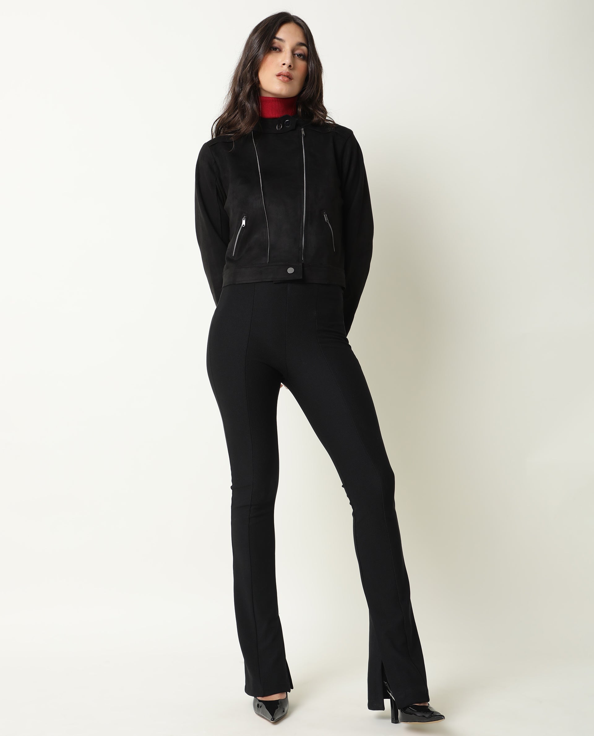 Rareism Women Everlee Black Polyester Fabric Full Sleeves Solid Mandarin Collar Jacket