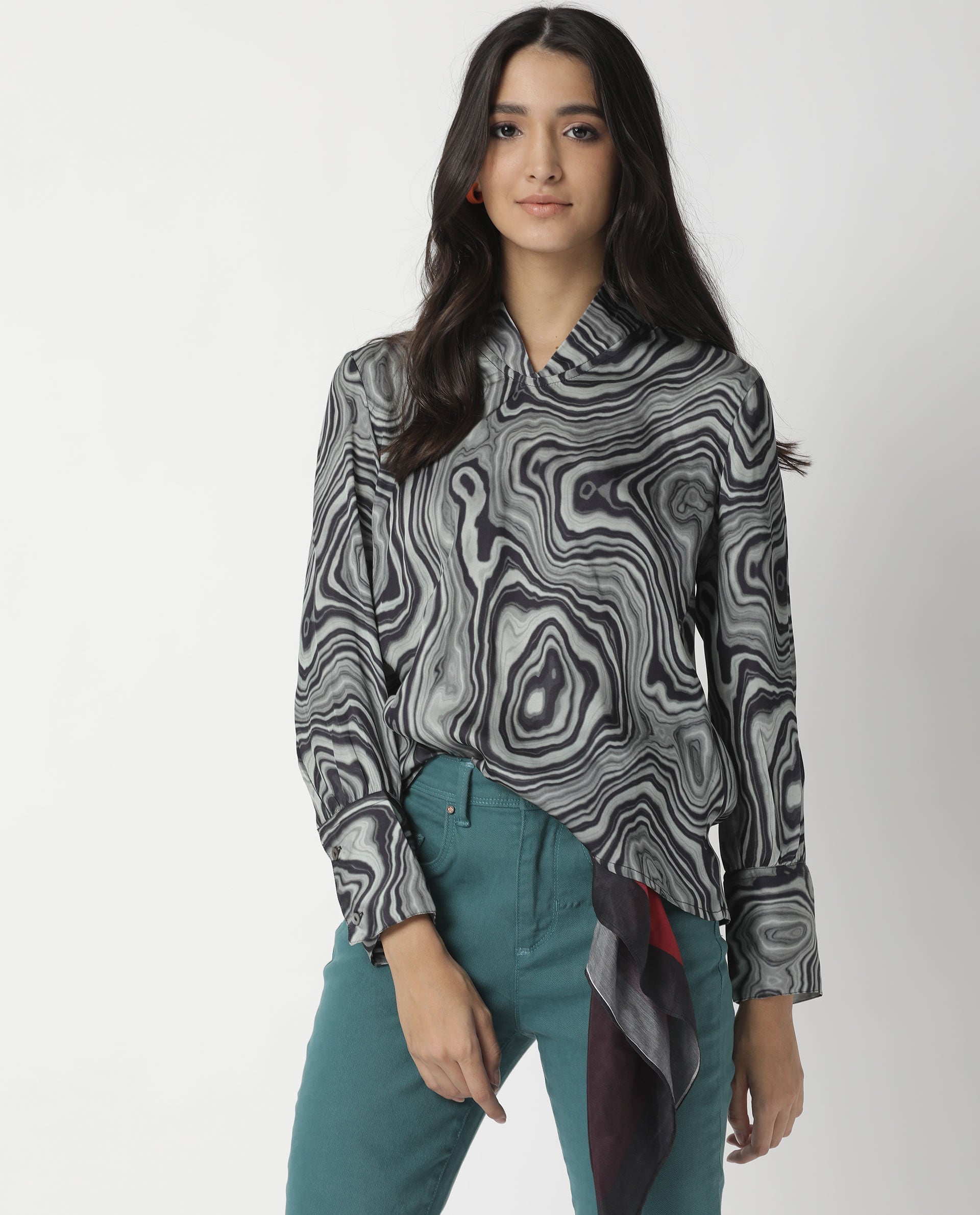 Rareism Womens Camp Black Top Modal Satin Fabric Regular Fit Cuffed Sleeve Mandarin Neck