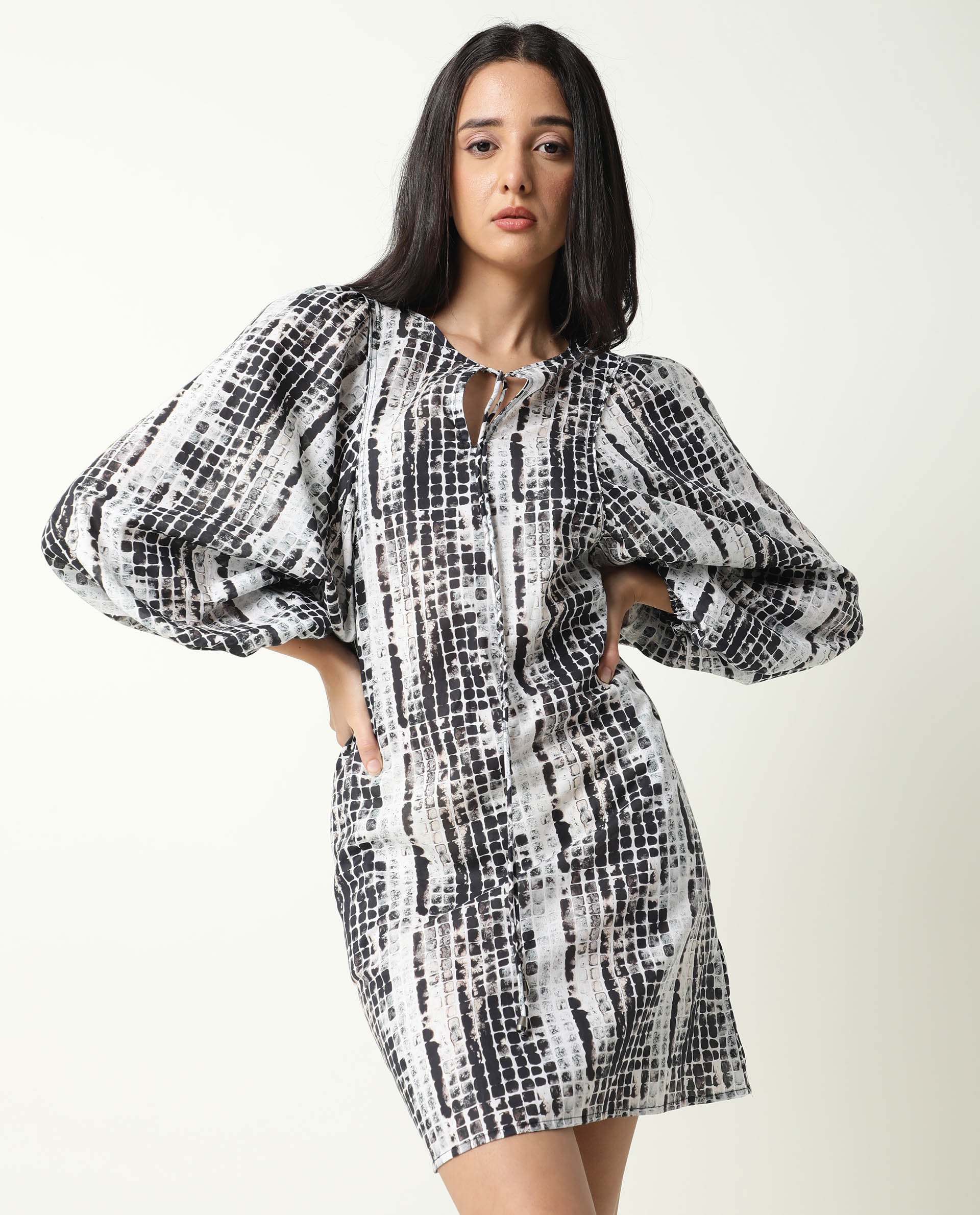Rareism Women's Ragi Black Cotton Tie-Up Neck Abstract Print Volume Sleeve Mini Regular Fit Dress