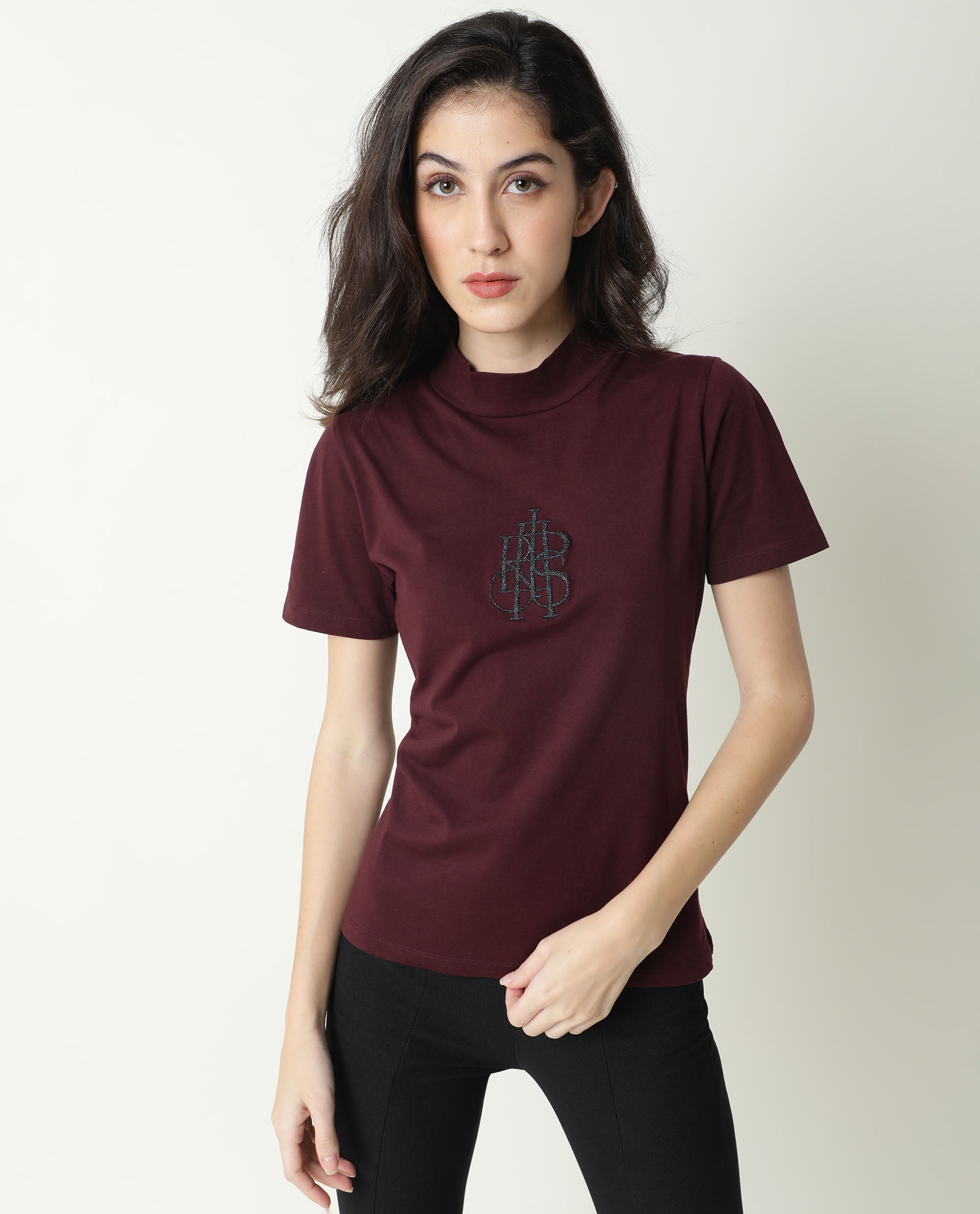 Rareism Women Zolten Maroon Cotton Fabric Regular Fit Half Sleeves Solid Crew Neck T-Shirt