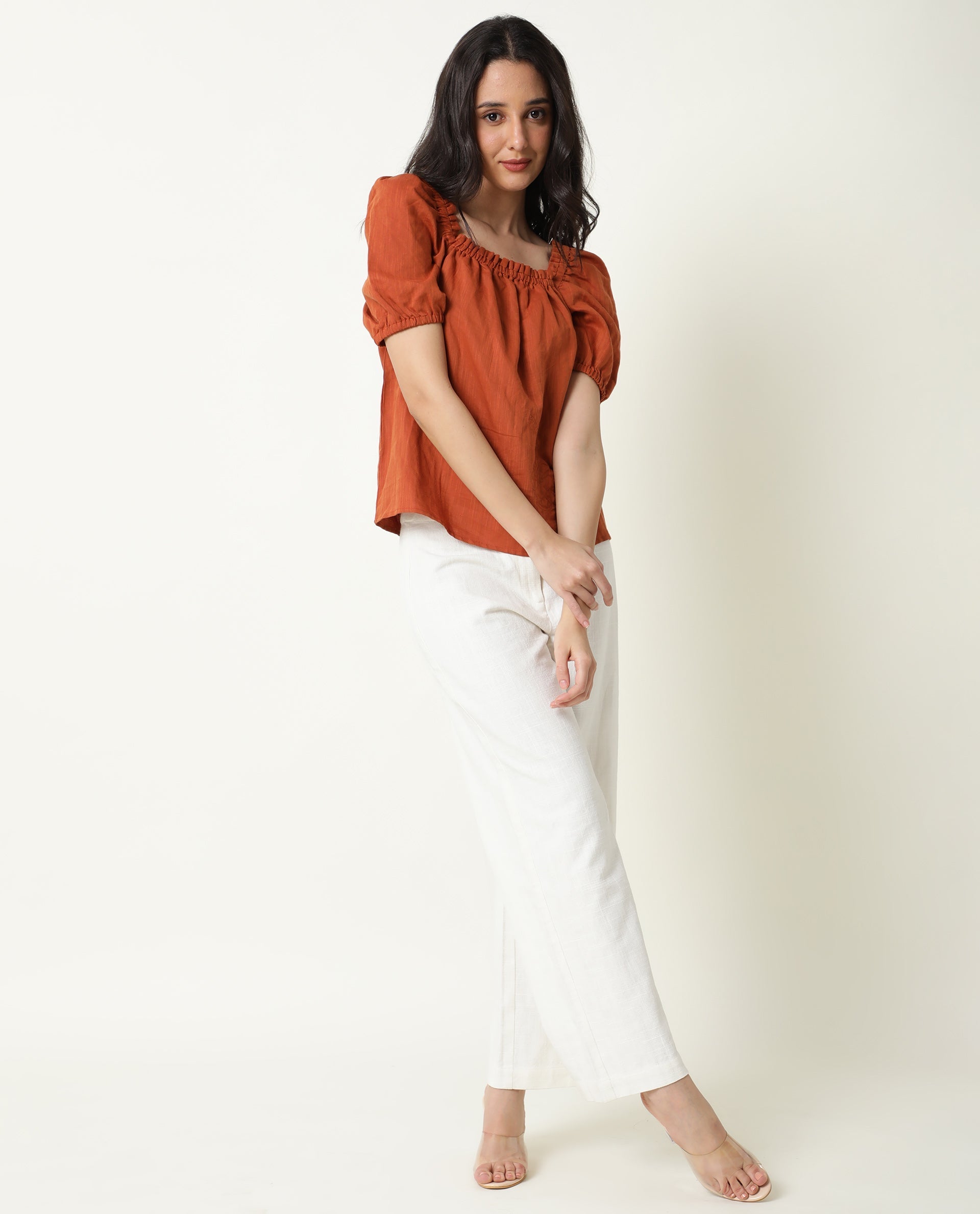 Rareism Womens Gamora Rust Top Cotton Linen Fabric Loose Fit Puff Sleeves Square Neck