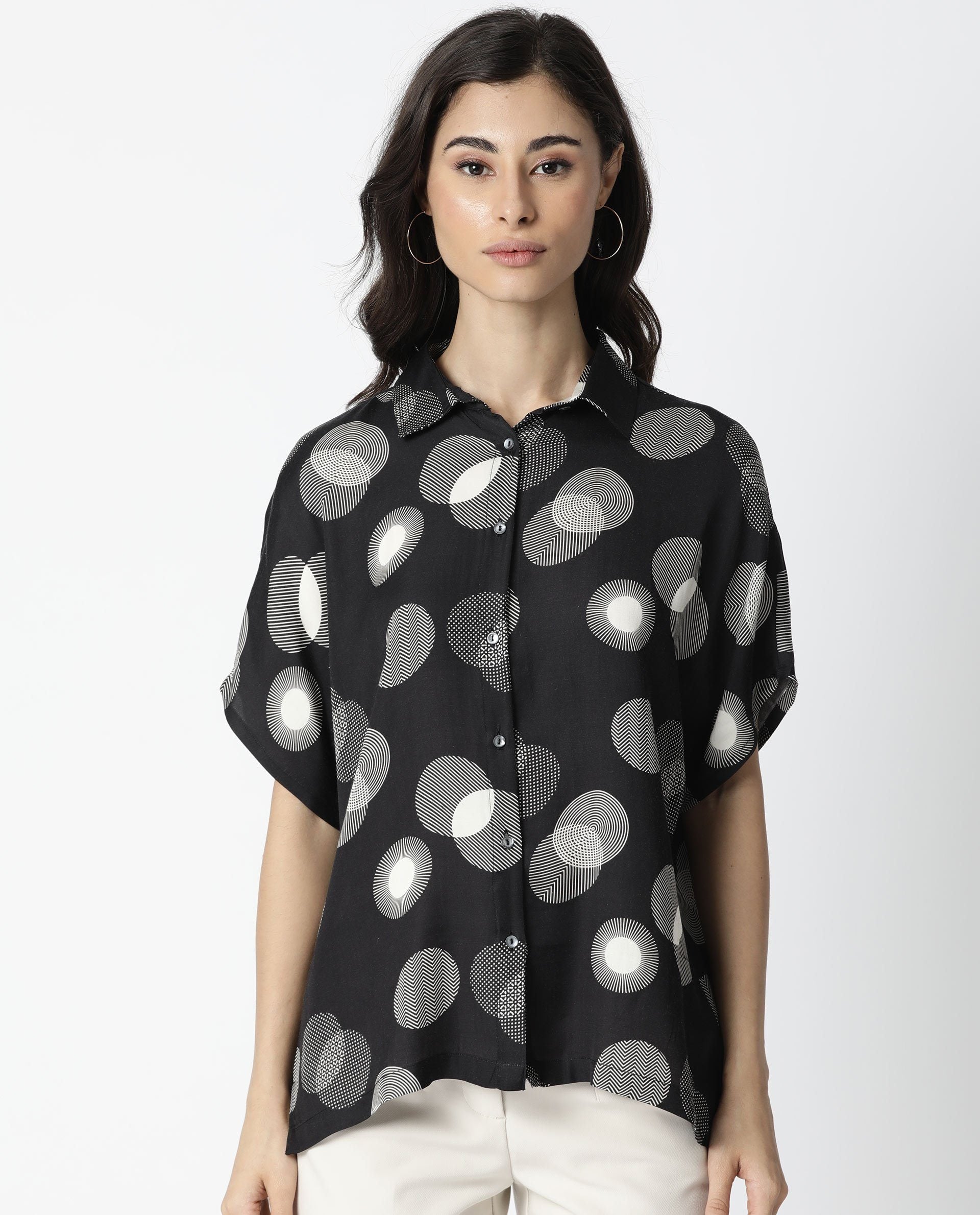 Rareism Women Emile Black Top Short Sleeves Printed