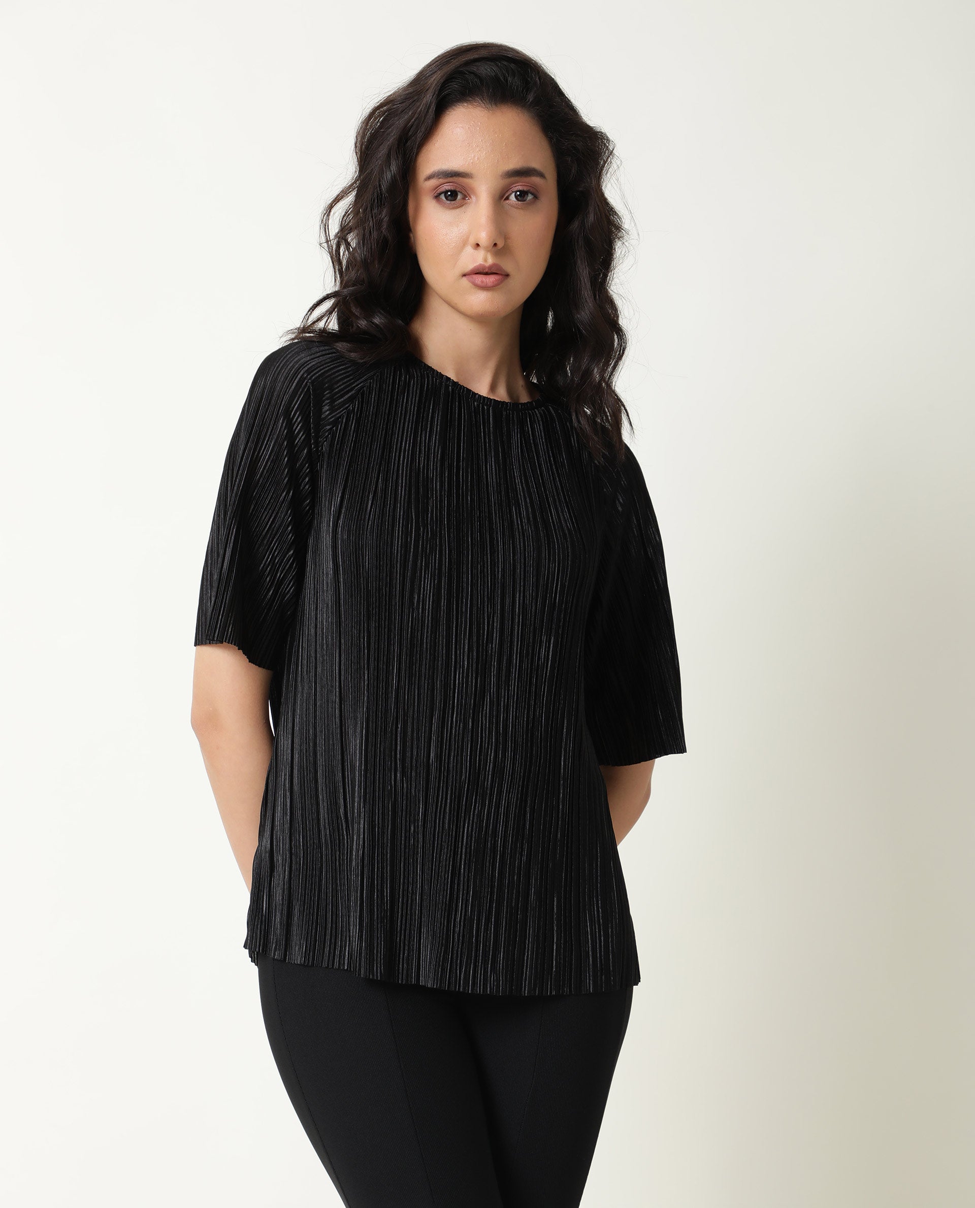 Rareism Women Shory Black Top Polyester Fabric Full Sleeves Solid
