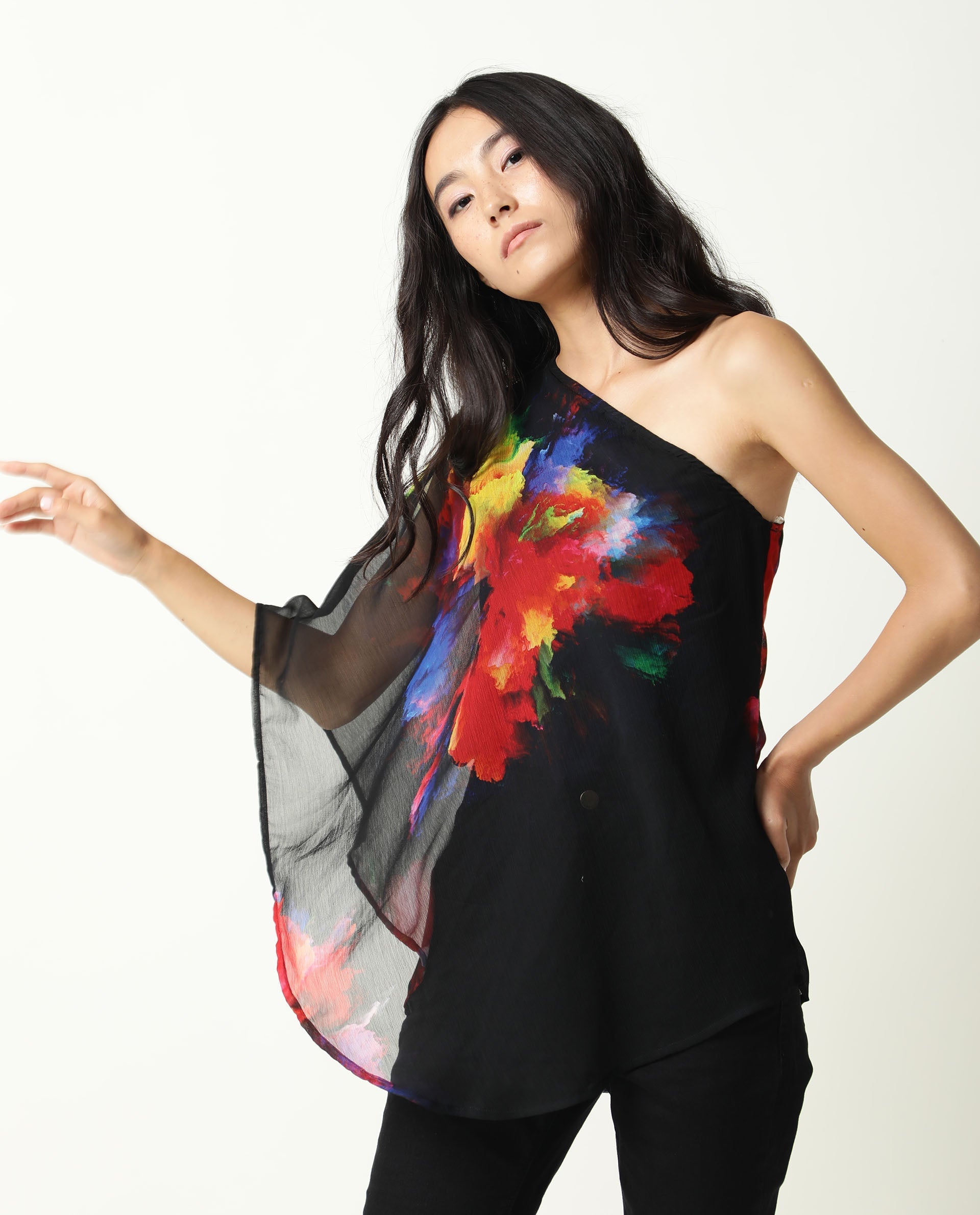 Rareism Womens Propose Black Top Viscose Fabric Regular Fit One Shoulder One Shoulder Neck