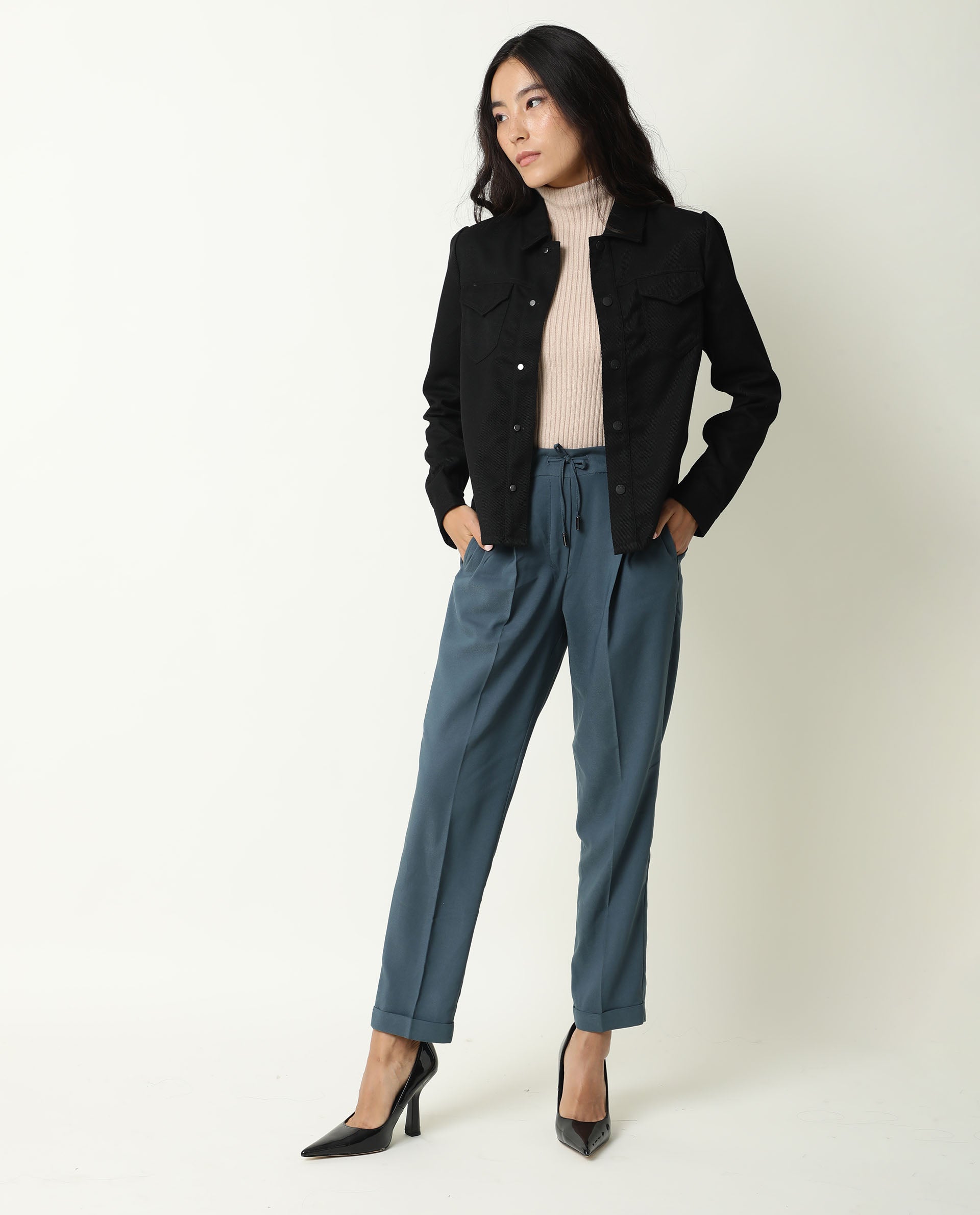 Rareism Women Taz Black Jacket Full Sleeves Solid