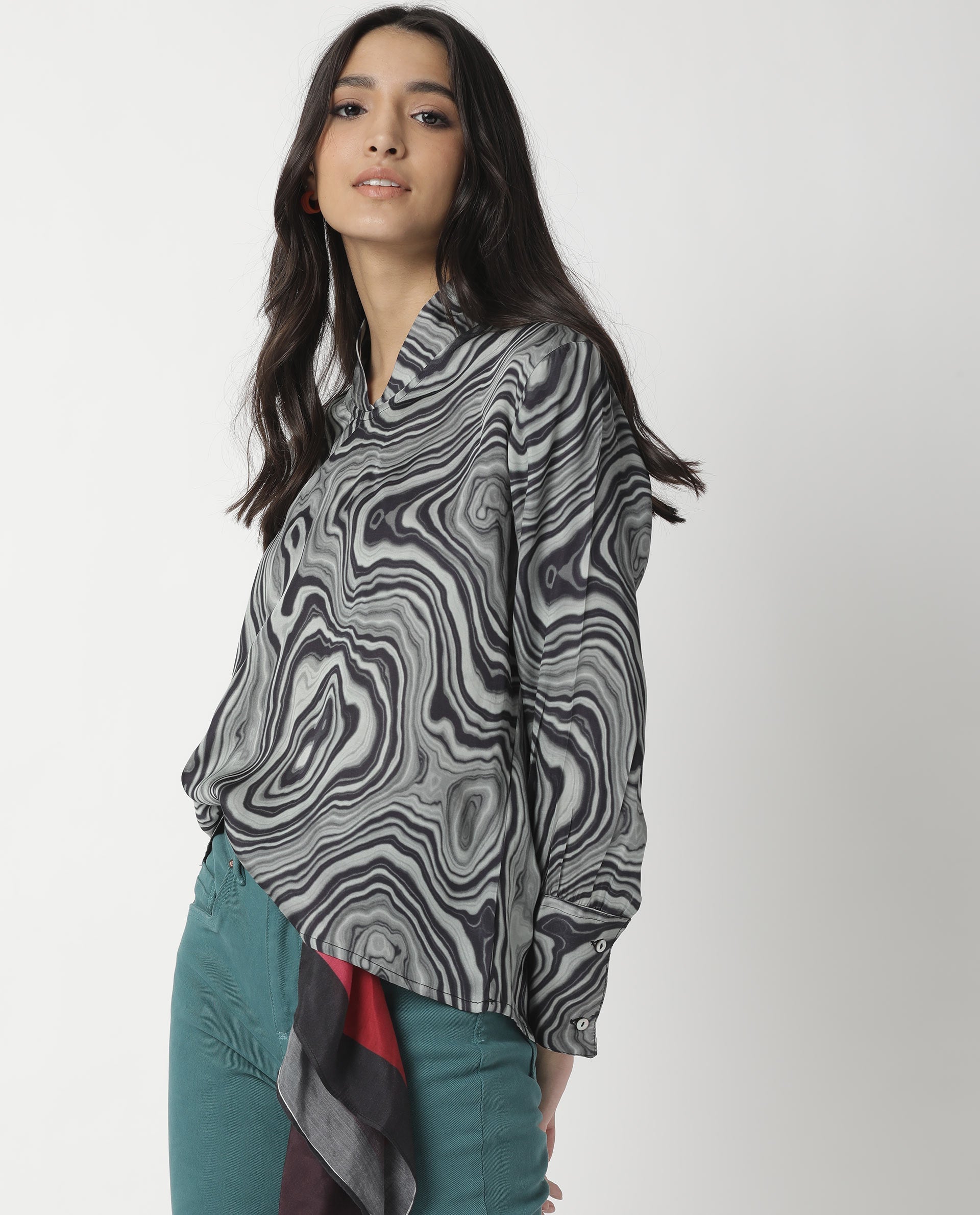 Rareism Womens Camp Black Top Modal Satin Fabric Regular Fit Cuffed Sleeve Mandarin Neck