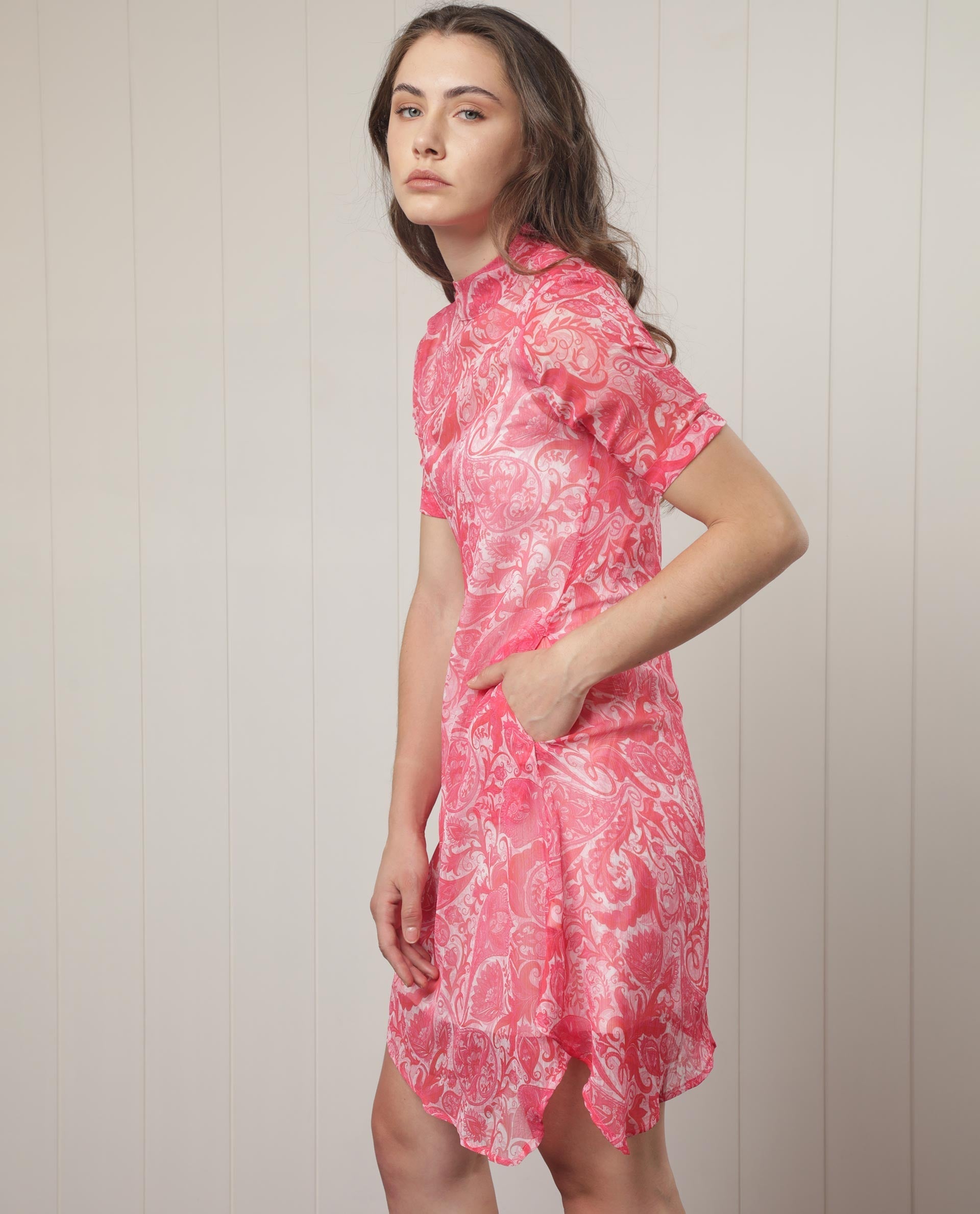 Rareism Women's Beryl Pink Polyester Fabric High Neck Zipper Closure Half Sleeve Paisley Print  Knee Length Dress