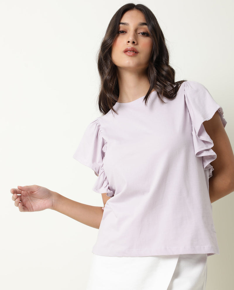 Rareism Women Yatch Pastel Purple Cotton Fabric Regular Fit Crew Neck Half Sleeves Solid Top