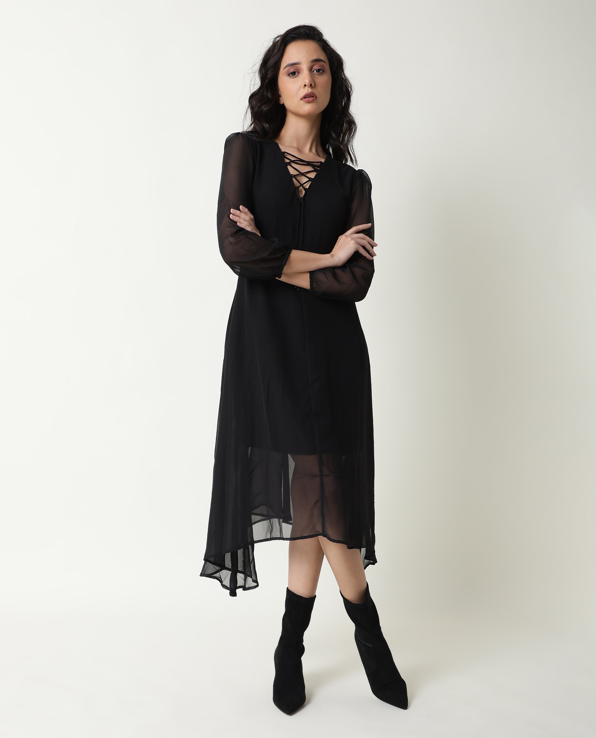 Rareism Women Ommet Black V Neck Criss Cross Tie Up Neckline Full Sleeve Smocked Waist Panel Asymmetric Knee Length Dress