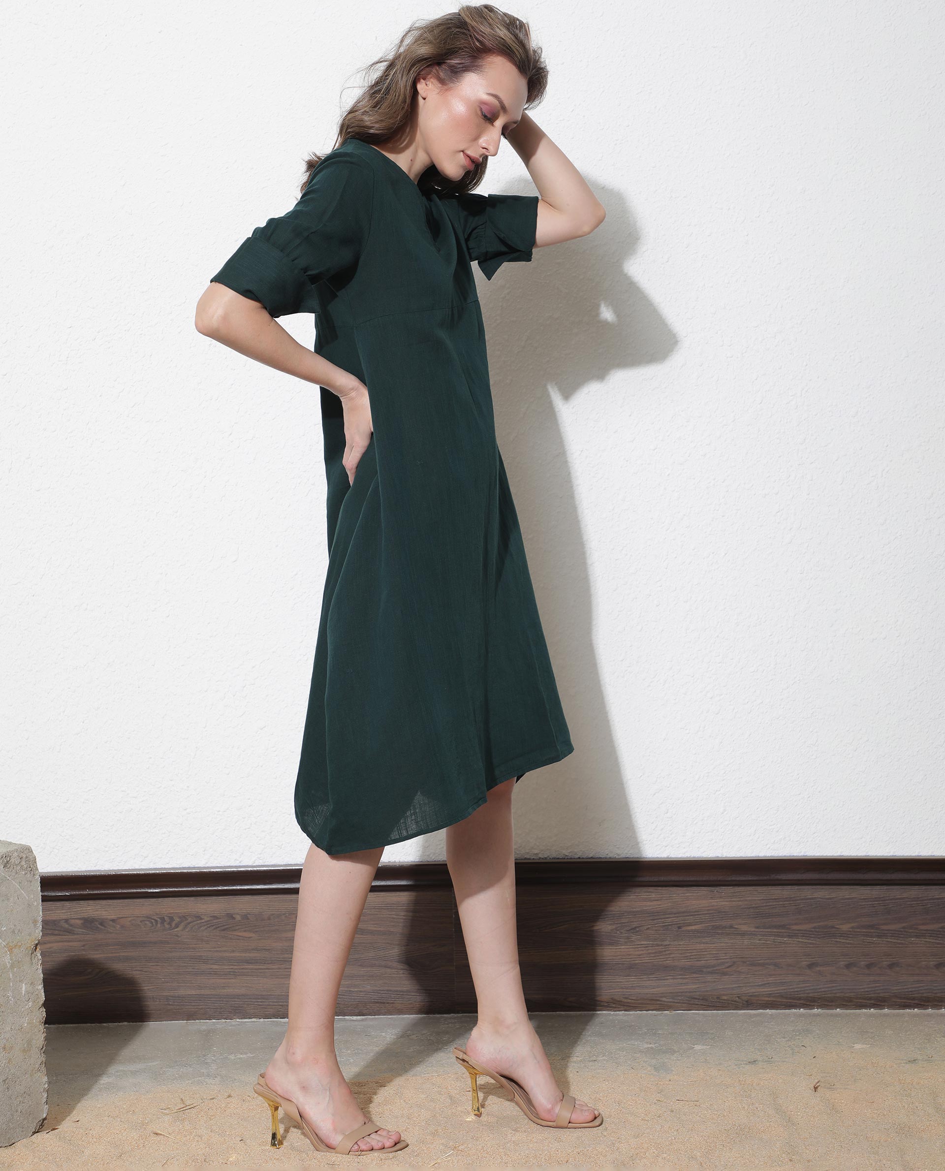 Rareism Women Cherry Green V Neck Tie-Up 3/4 Sleeves Symmetrical Knee Length Dress