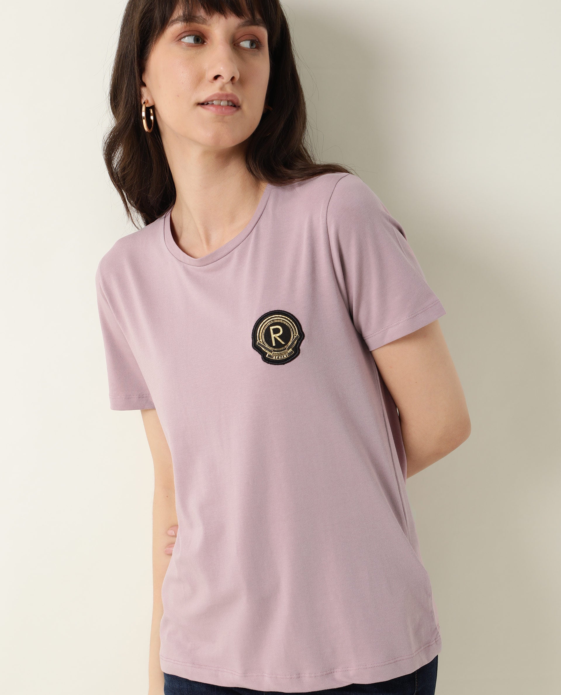 Rareism Women Fuji Pink Cotton Fabric Regular Fit Half Sleeves Graphic Print Crew Neck T-Shirt