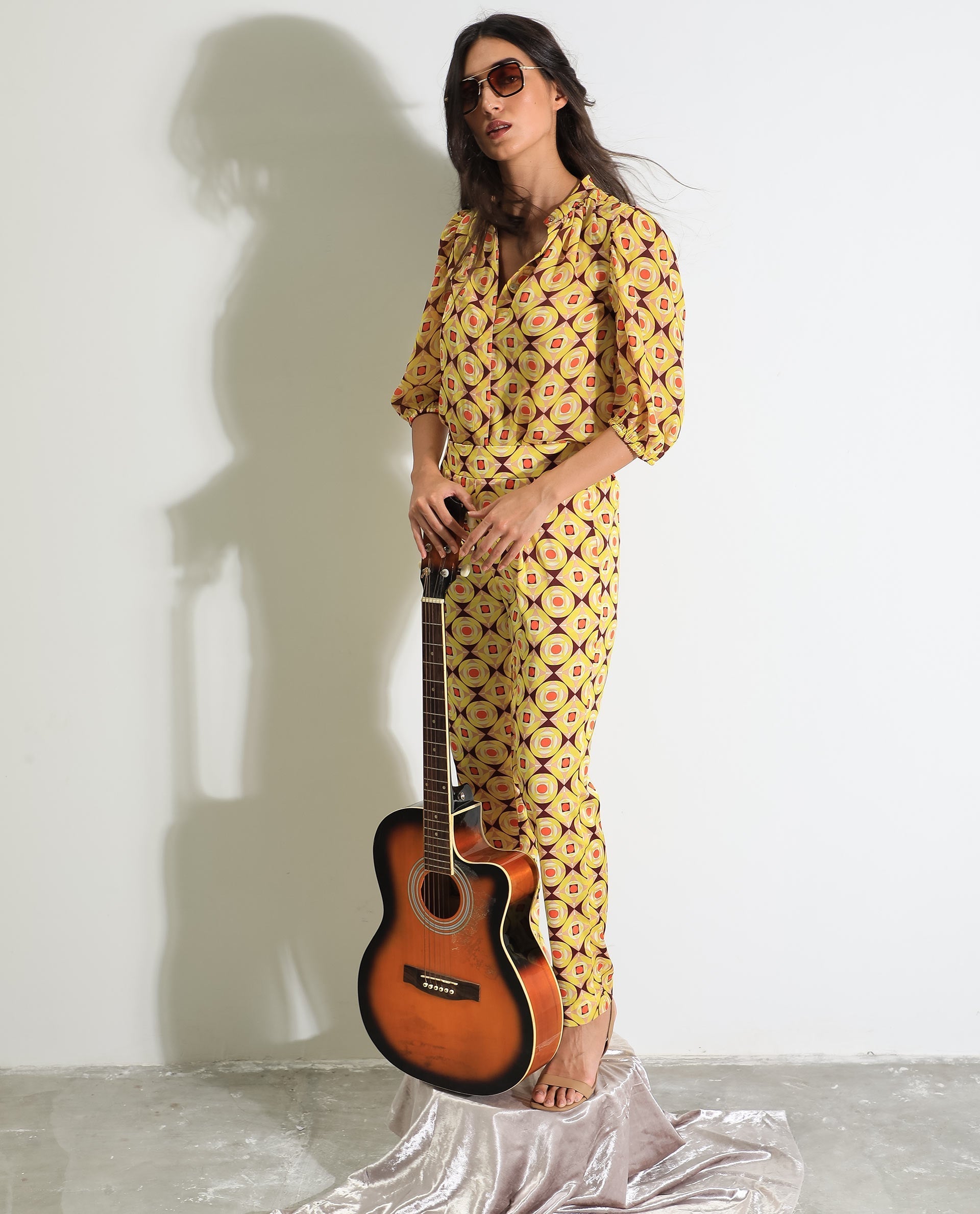 Rareism Women Robbie Yellow Polyester Fabric Regular Fit Geometric Print Ankle Length Trousers