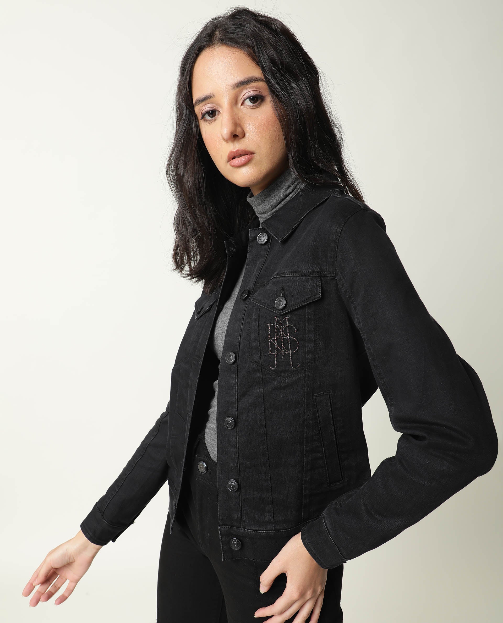 Rareism Women's Misso Black Cotton Blend Spread Collar Plain Regular Fit Jacket
