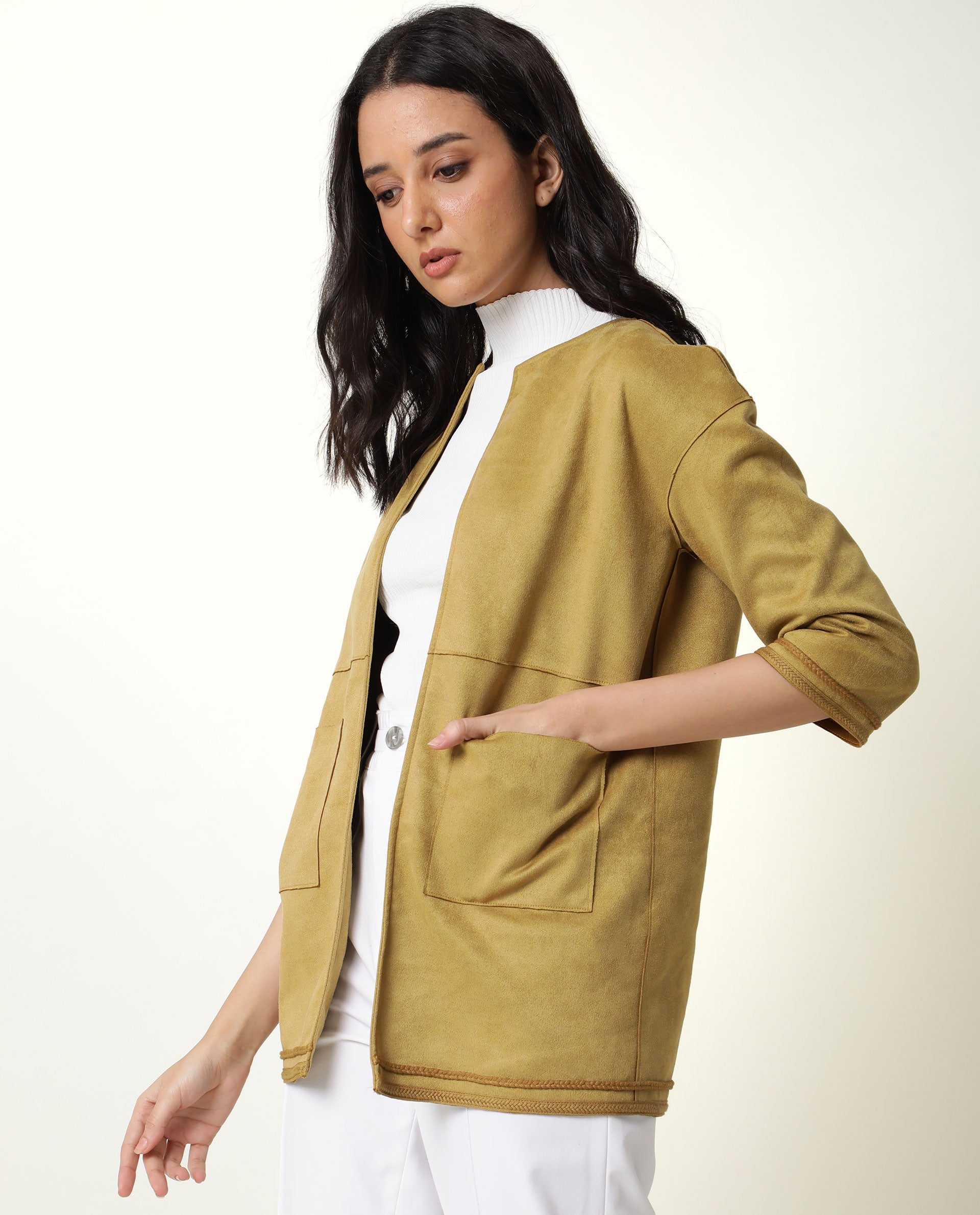 Rareism Women's Square Yellow Polyester Boat Neck Plain Regular Fit Jacket