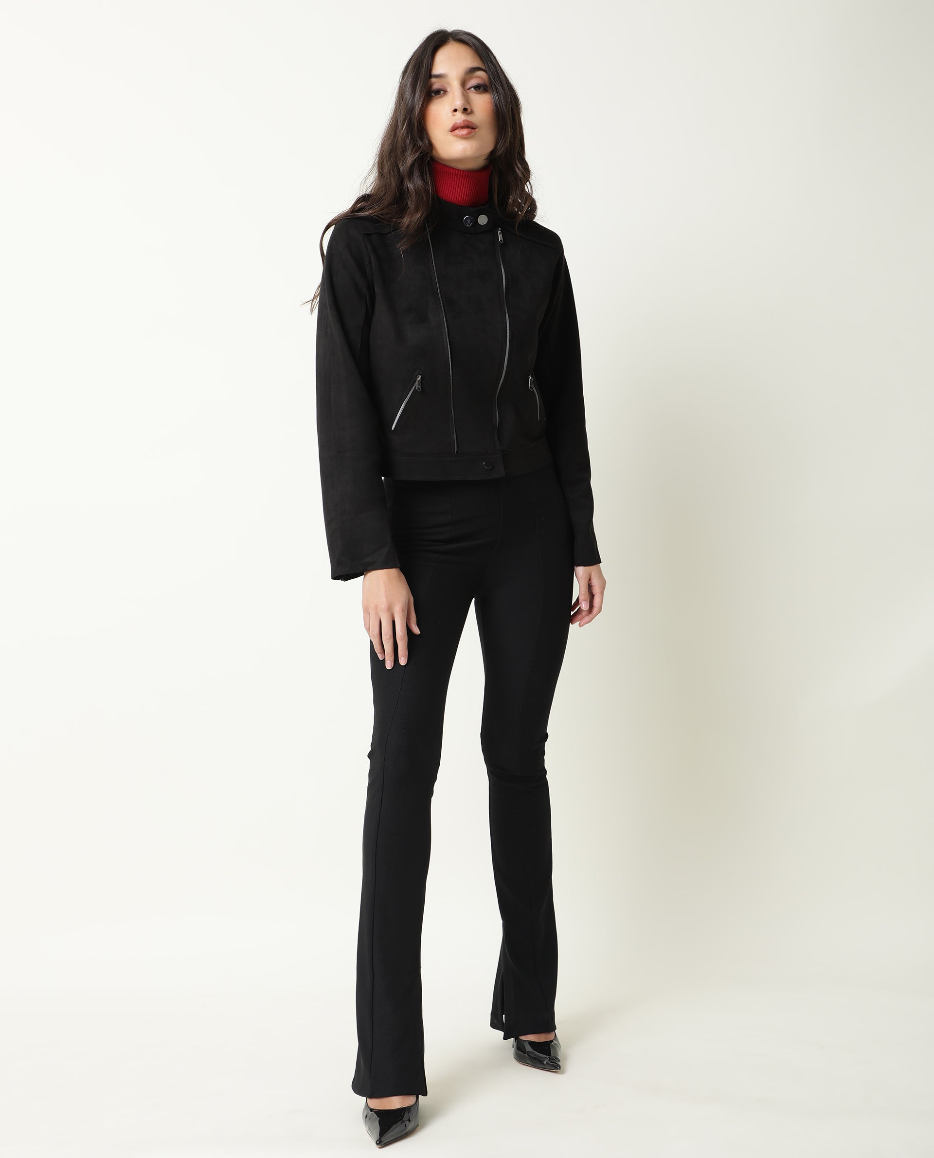 Rareism Women Everlee Black Polyester Fabric Full Sleeves Solid Mandarin Collar Jacket