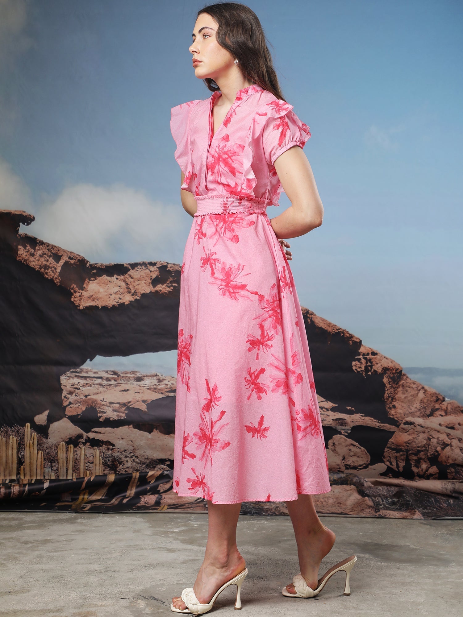 Rareism Women Octane Light Pink Cotton Fabric Short Sleeves Button Closure Mandarin Collar Extended Sleeve Regular Fit Abstract Print Knee Length Flared Dress