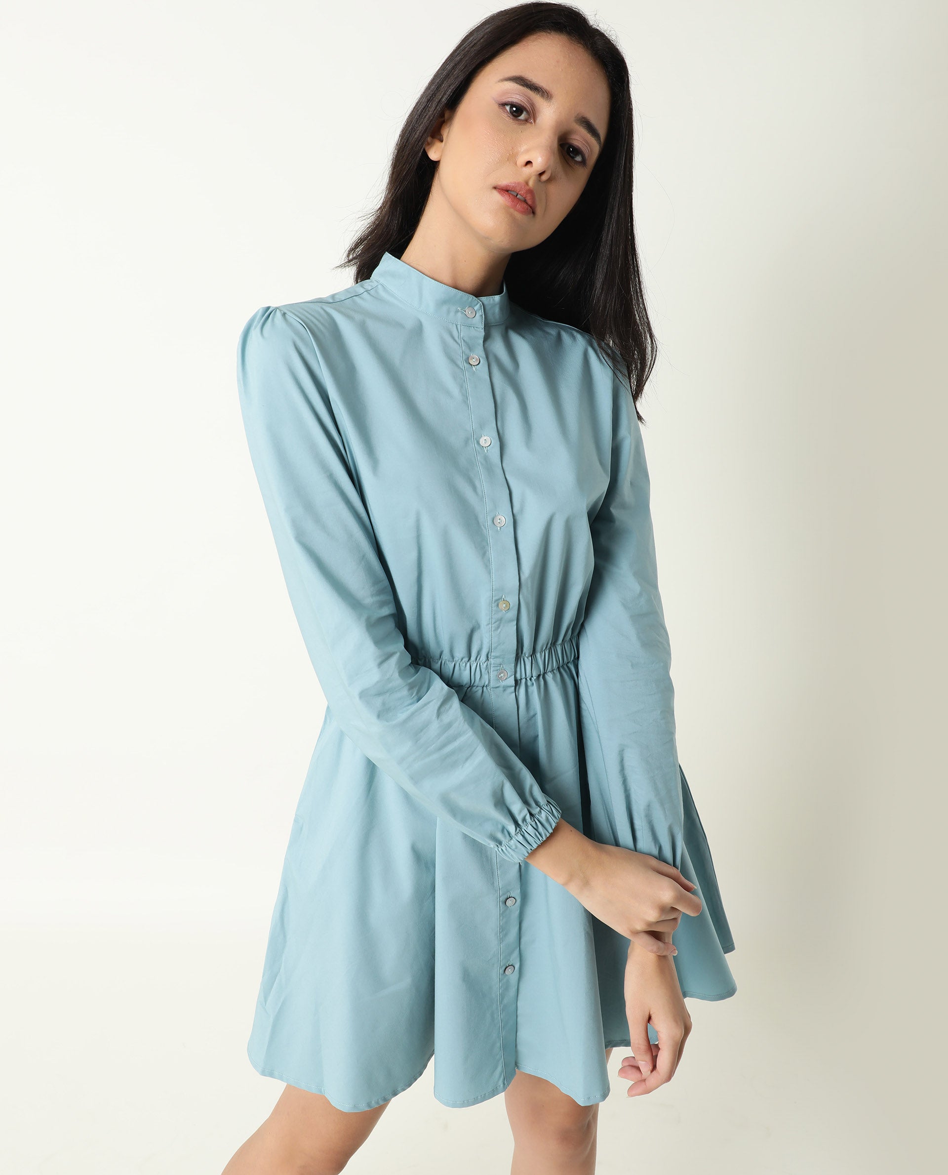 Rareism Women Darla Blue Mandarin Collar Full Front Button Closure Placket With Full Sleeves And Pocket Mini Dress