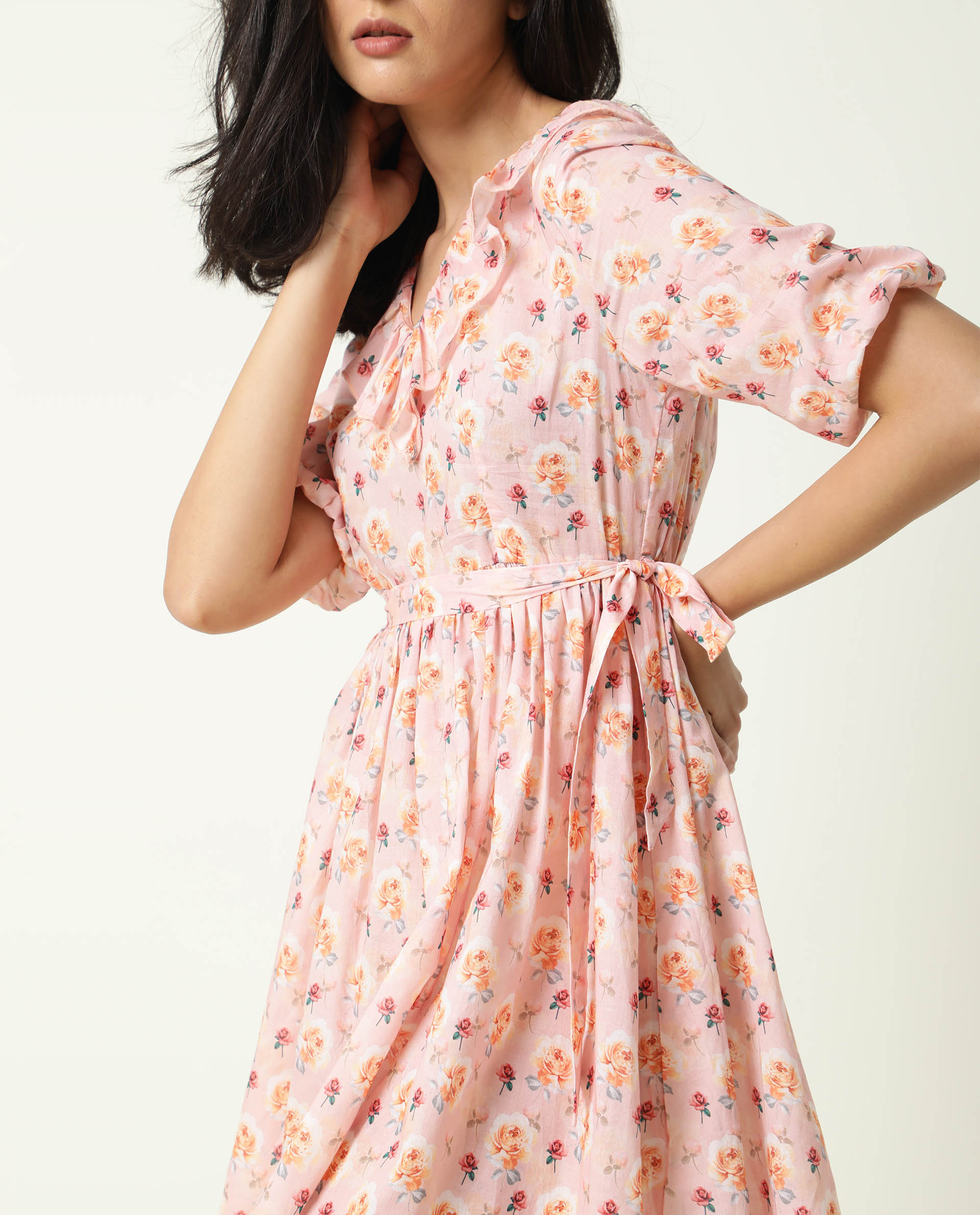 Rareism Women's Verna Pink Cotton V-Neck Floral Print Balloon Sleeve Knee Length Regular Fit Dress