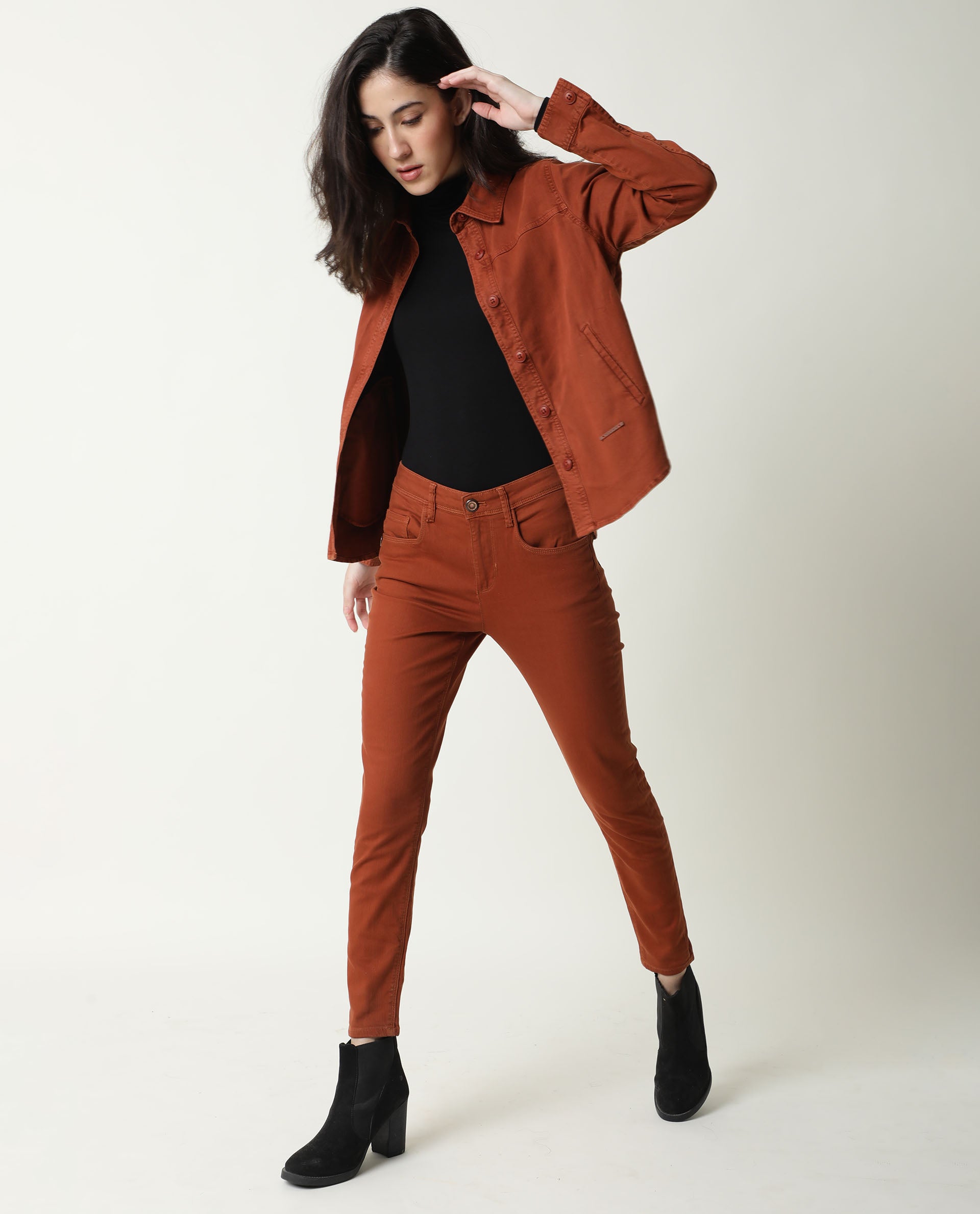 Rareism Women Mission Rust Cotton Lycra Fabric Full Sleeves Solid Shirt Collar Jacket