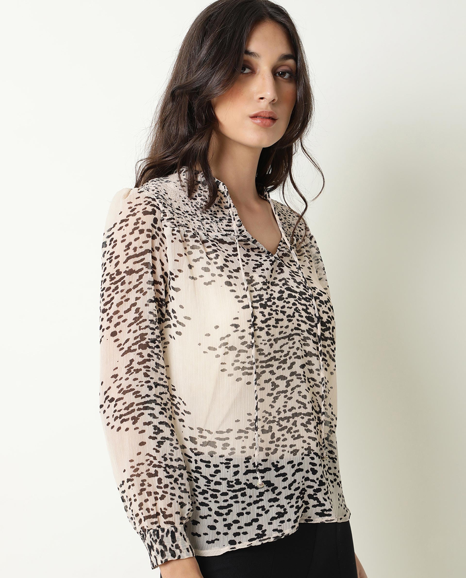 Rareism Women Claude Light Beige Polyester Fabric Regular Fit Tie-Up Neck Full Sleeves Abstract Print Top