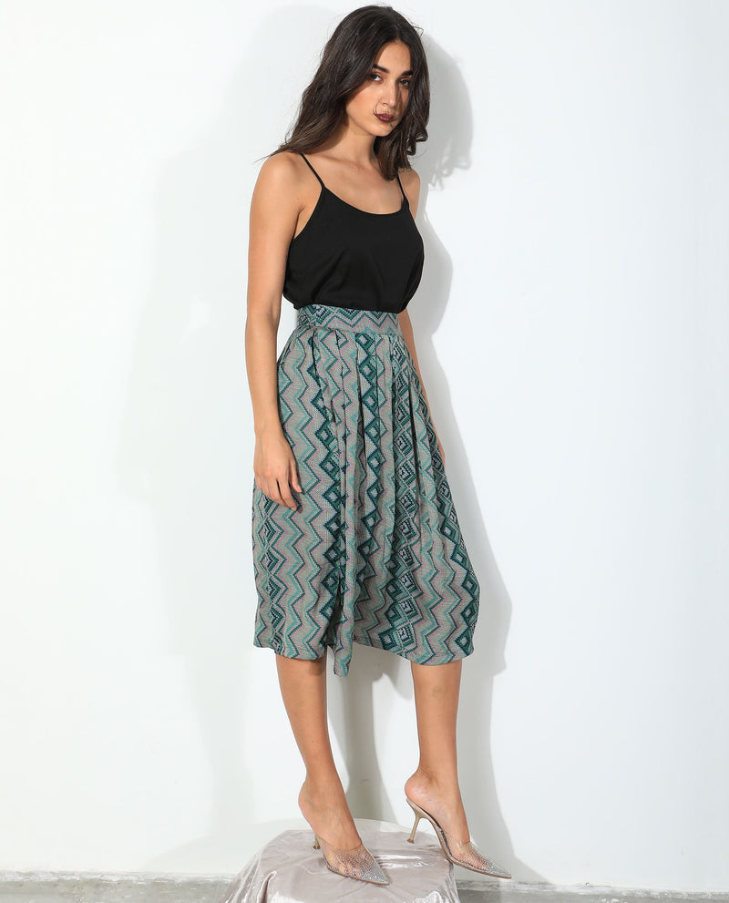 Rareism Women Arabella Dark Green Polyester Fabric Zip Closure Regular Fit Geometric Print Knee Length Skirt