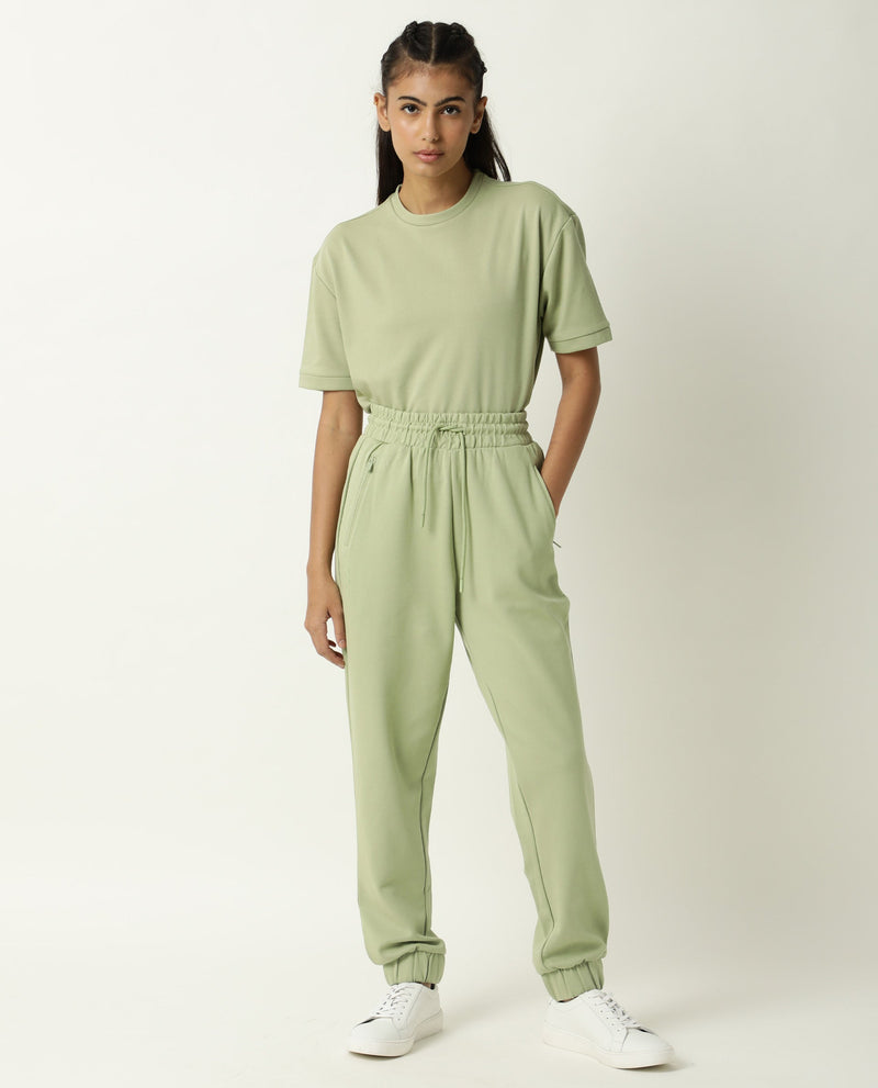 Rareism Women Creta Light Green Cotton Blend Fabric Relaxed Fit Solid Mid Rise Ankle Length Track Pant