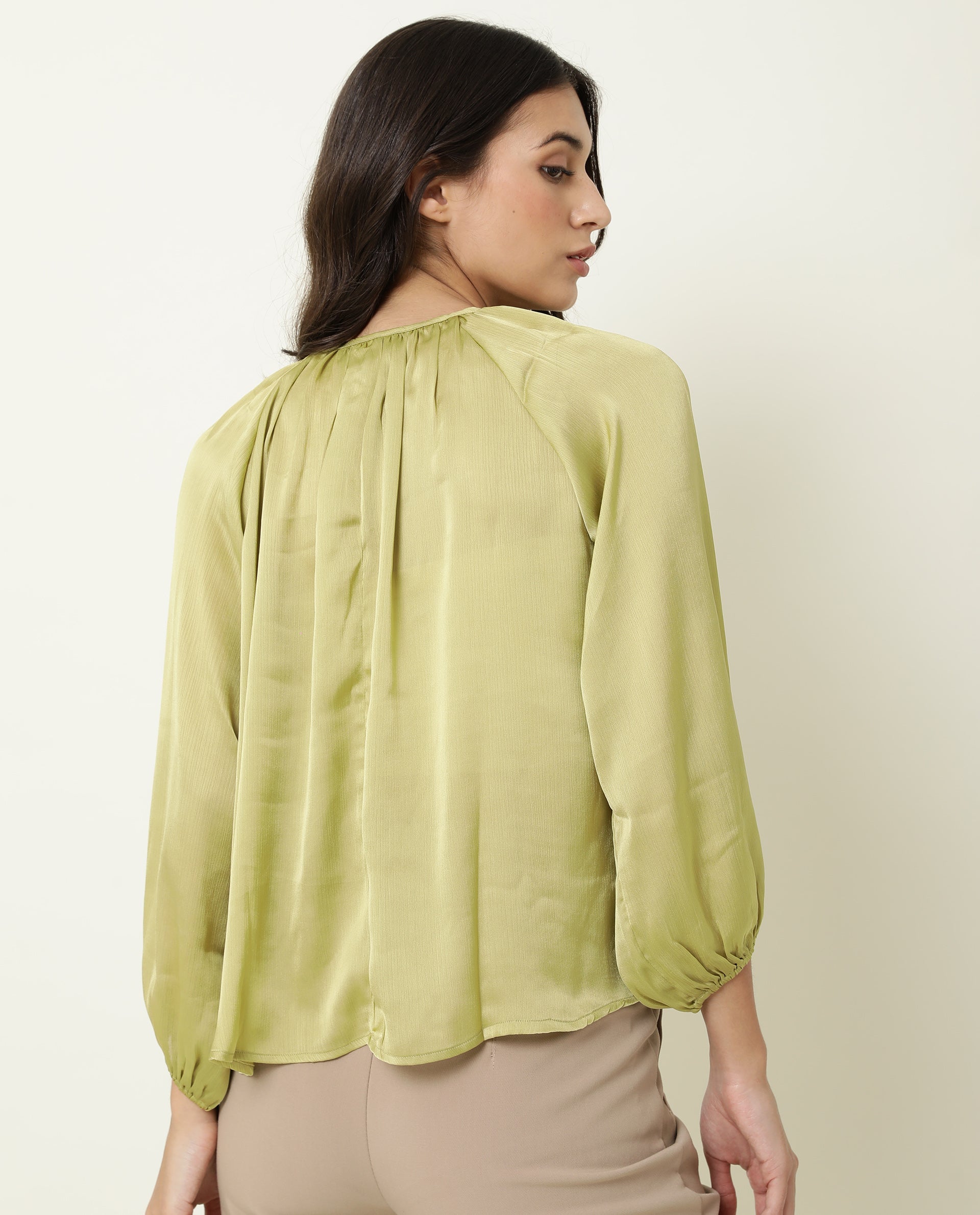 Rareism Womens Fall Green Top Polyester Fabric  Full Sleeve Boat Neck