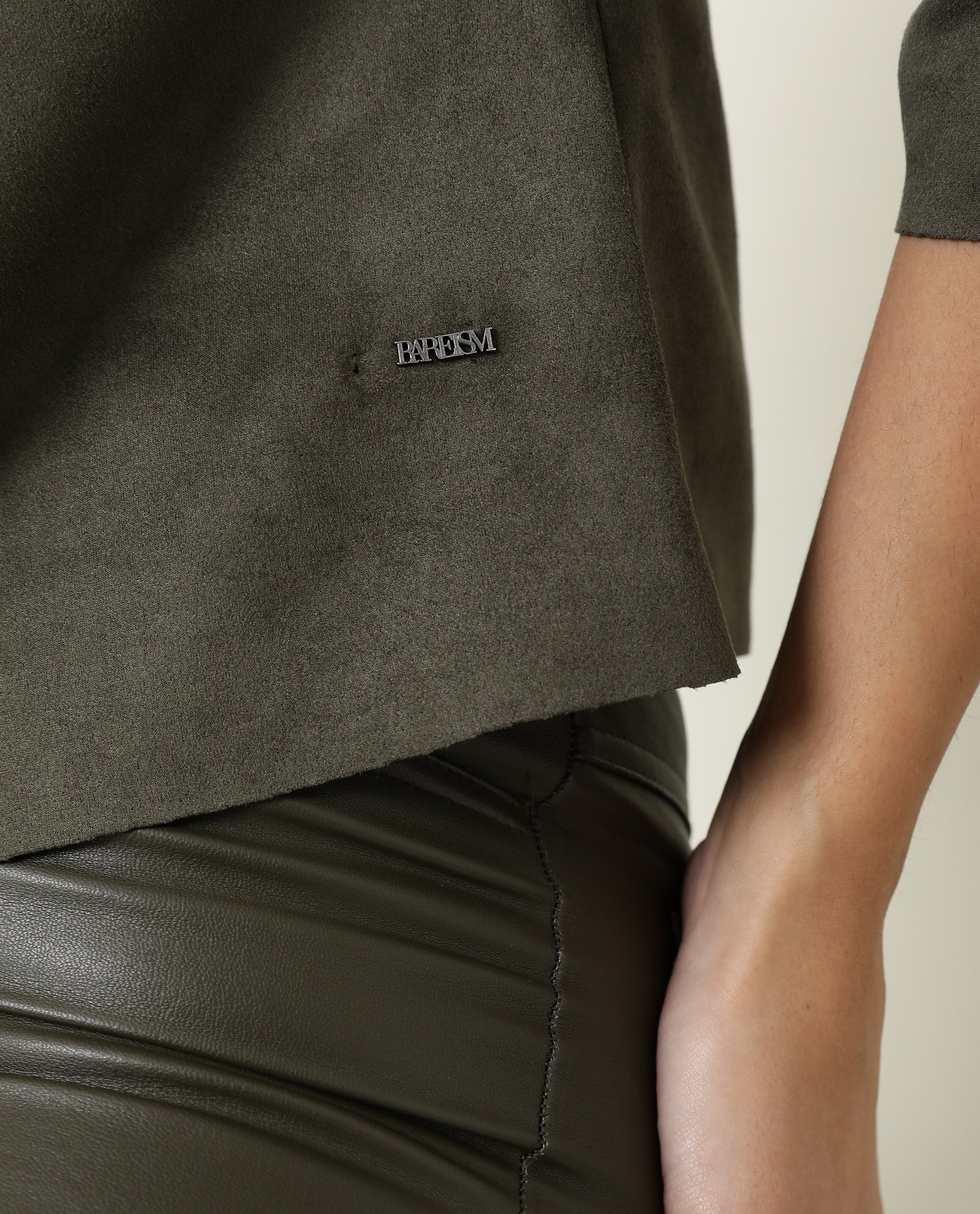 Rareism Women Vasu Olive Polyester Fabric 3/4Th Sleeves Solid High Neck Jacket