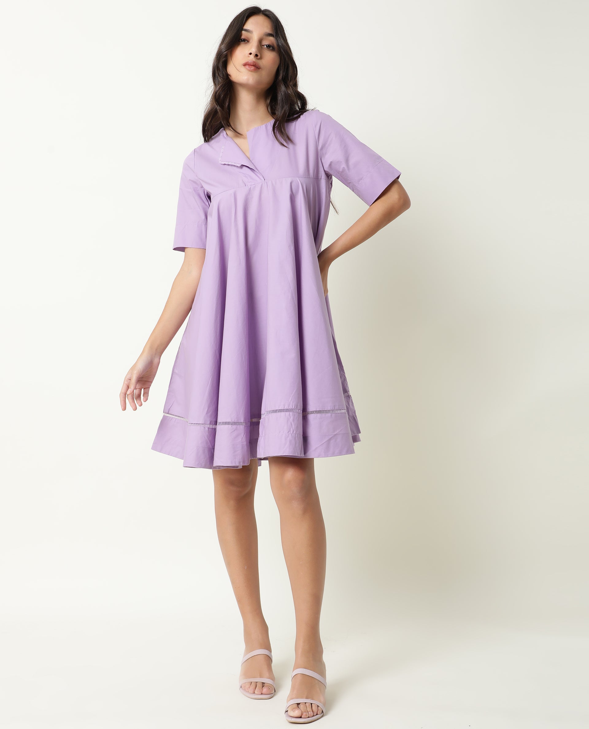 Rareism Women Scream Pastel Purple Cotton Fabric Half Sleeves Ruffled Neck Solid Knee Length Dress