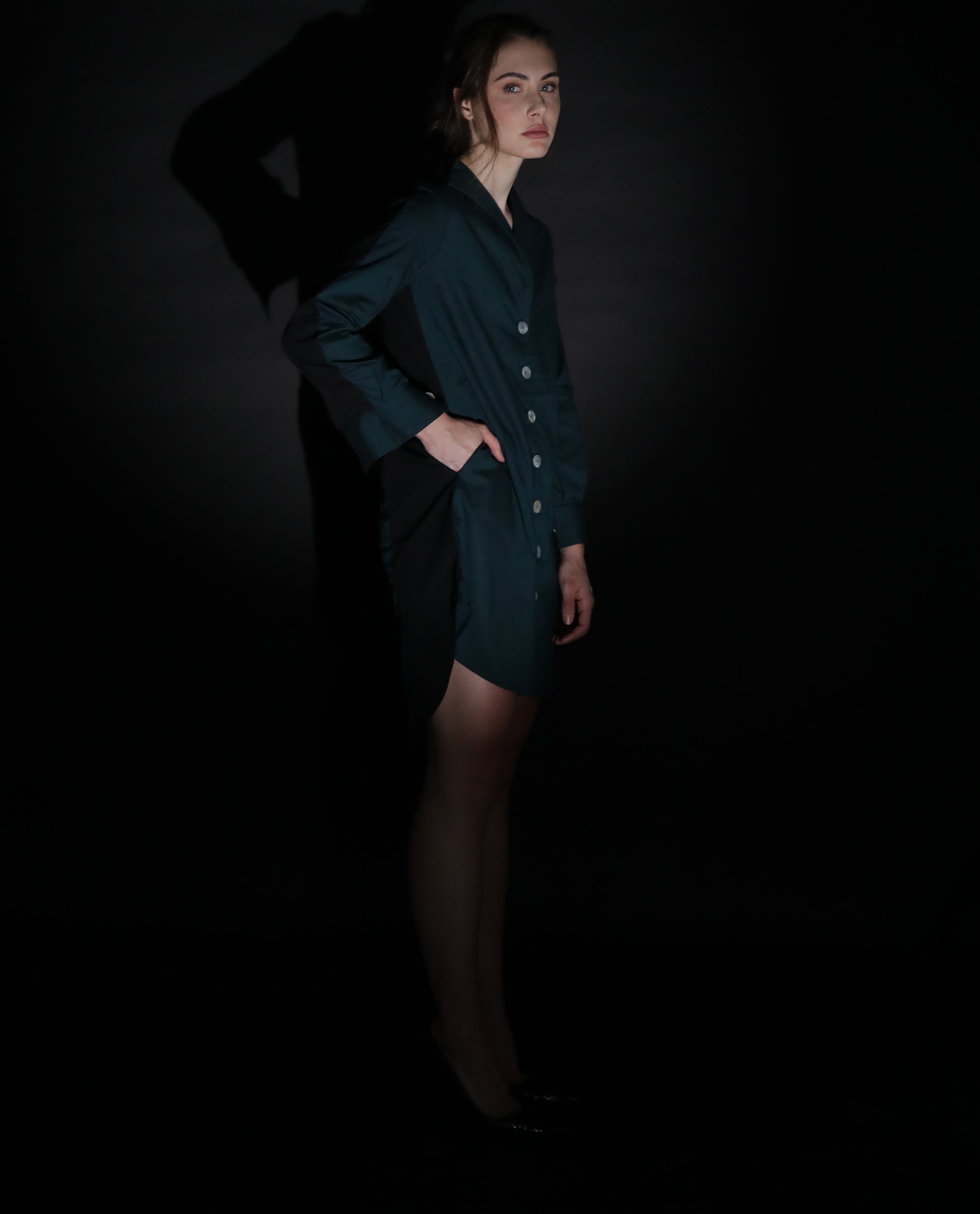 Rareism Women Tally Petrol Overlap Lapel Collar Full Sleeves Front Button Placket Pocket Asymmetrical Knee Length Dress