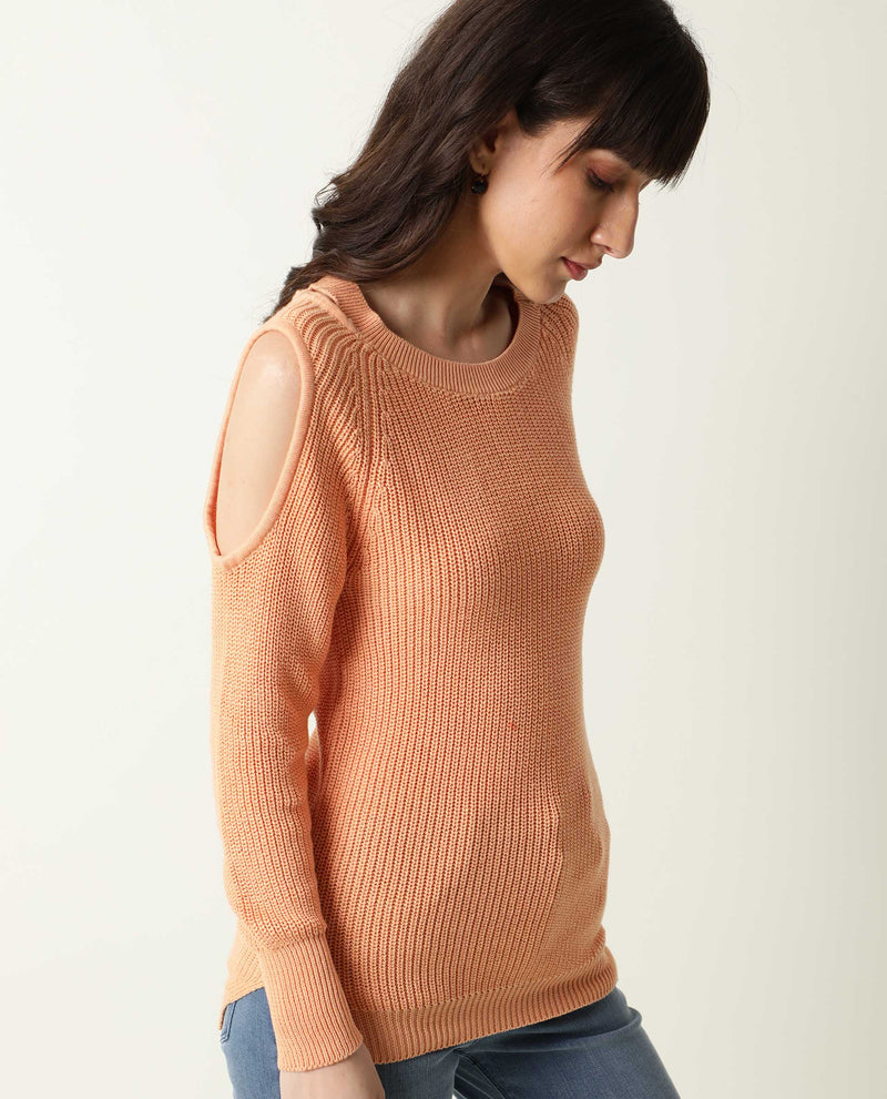 Rareism Women Cold Orange Cotton Fabric Full Sleeves Slim Fit Solid Boat Neck Sweater