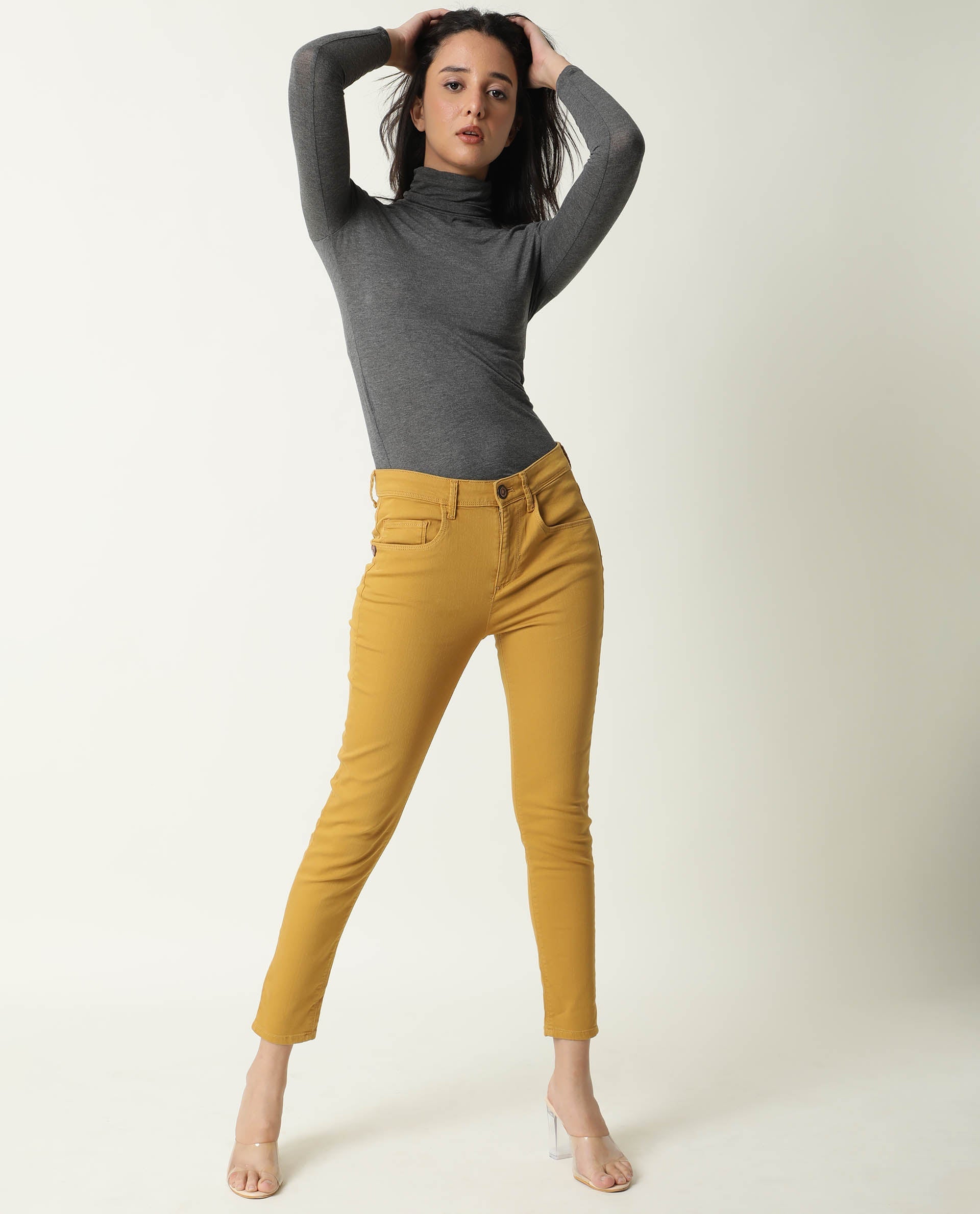 Rareism Women Metty Mustard Cotton Lycra Fabric Mid Rise Solid Slim Fit Ankle Length Jeans