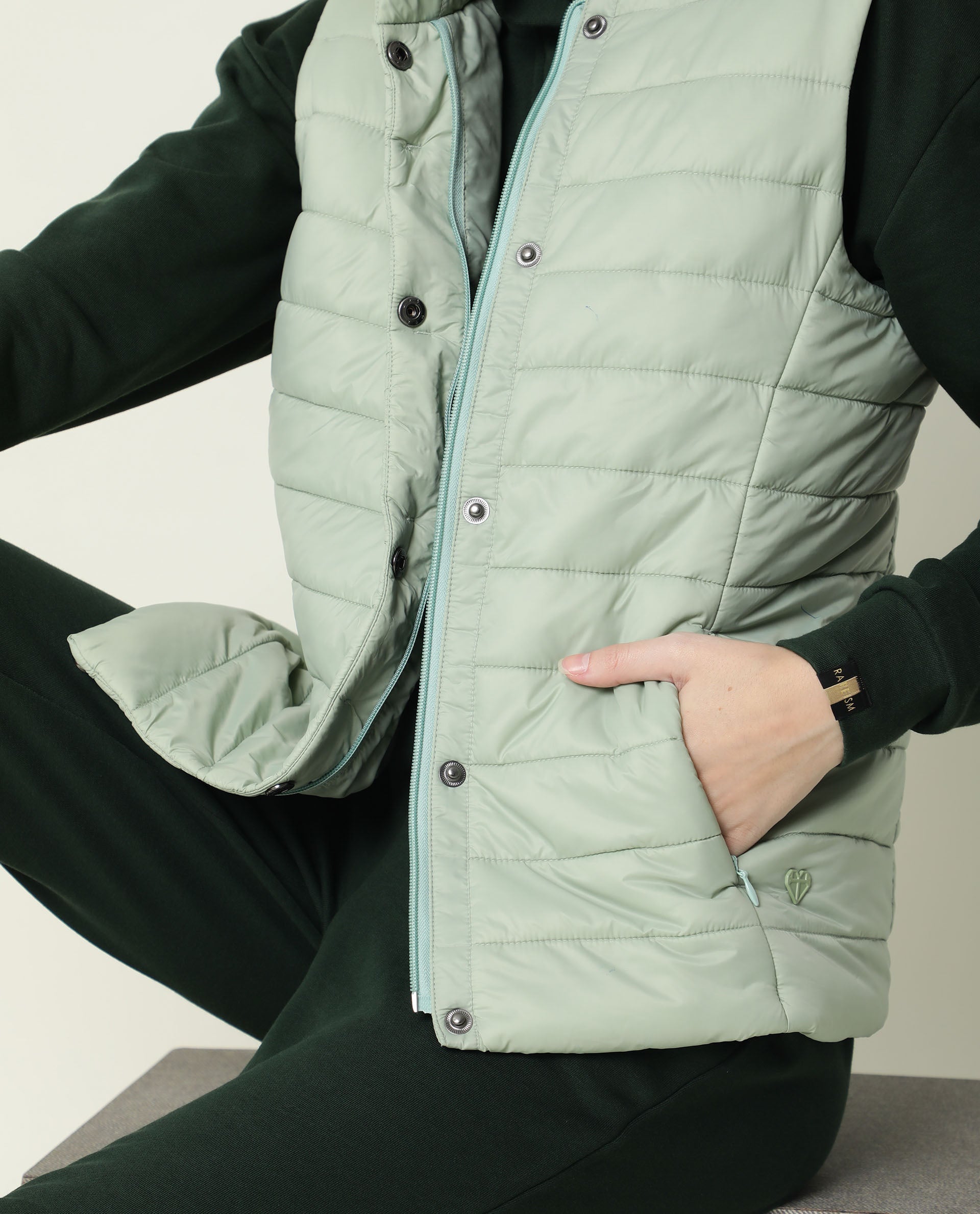 Rareism Women Trunk Light Green  Sleeveless Solid Hooded Jacket