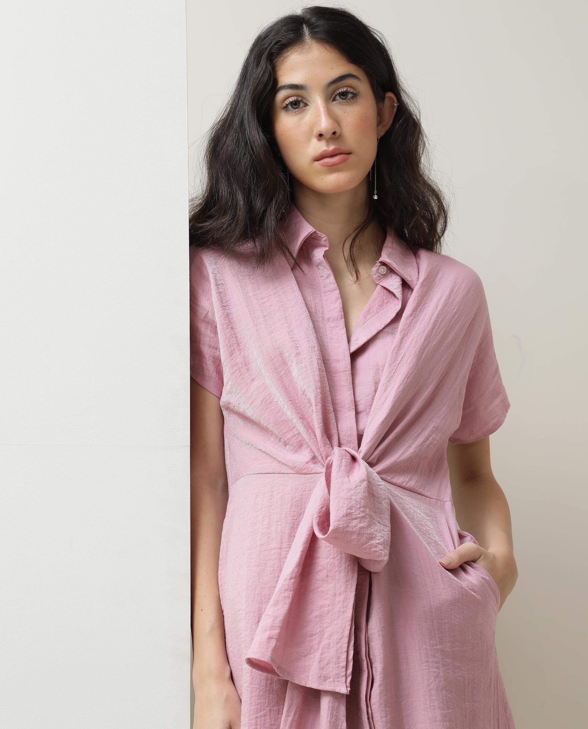 Rareism Women Kori Metallic Pink Shirt Collar Short Sleeve Front Button Closure Placket Fabric Waist Belt Pocket Midi Dress