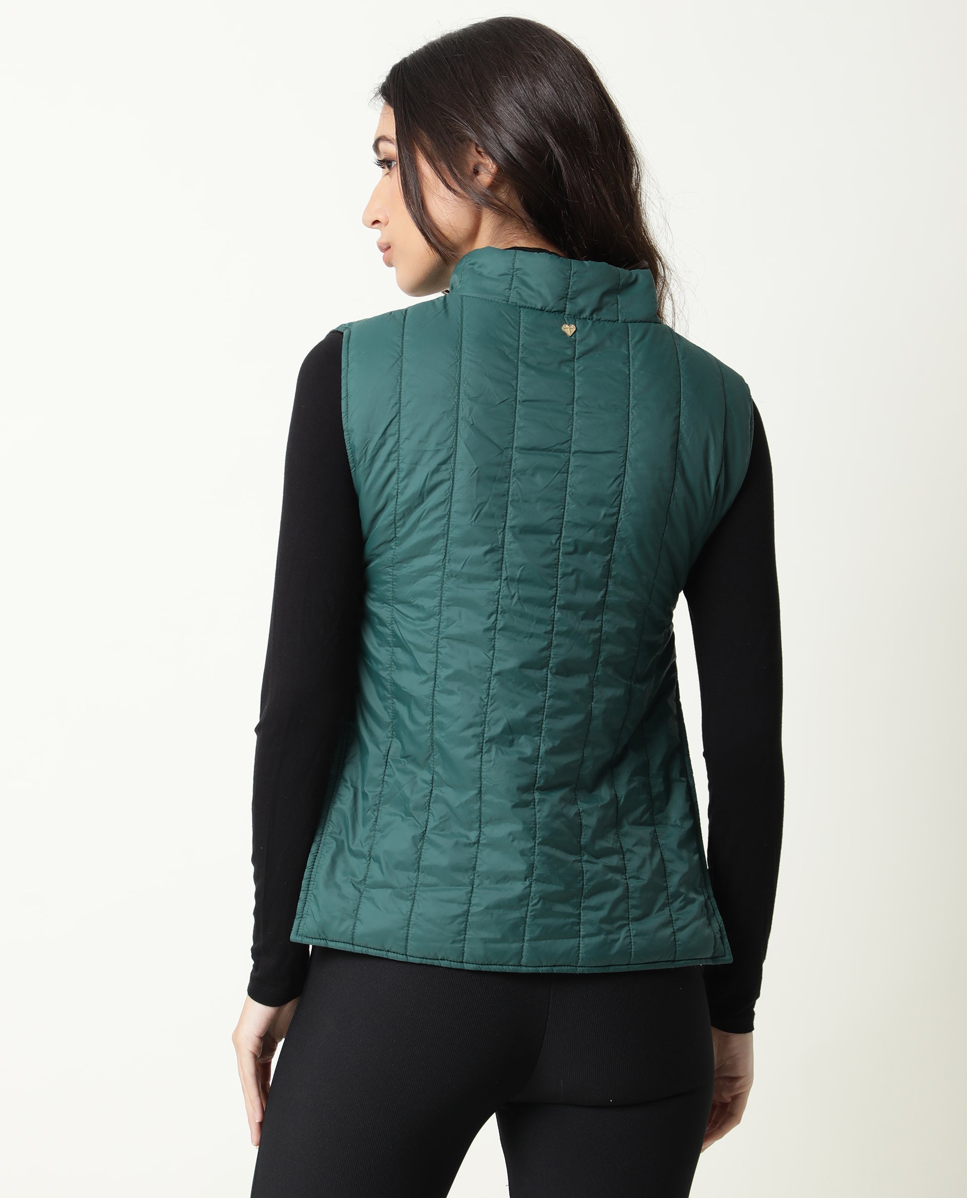 Rareism Women's Aurora Green Polyester High Neck Plain Sleeveless Regular Fit Jacket