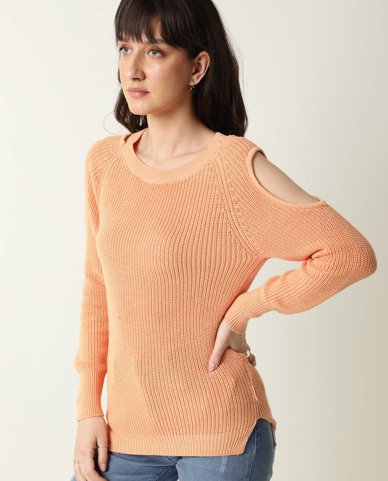 Rareism Women Cold Orange Cotton Fabric Full Sleeves Slim Fit Solid Boat Neck Sweater