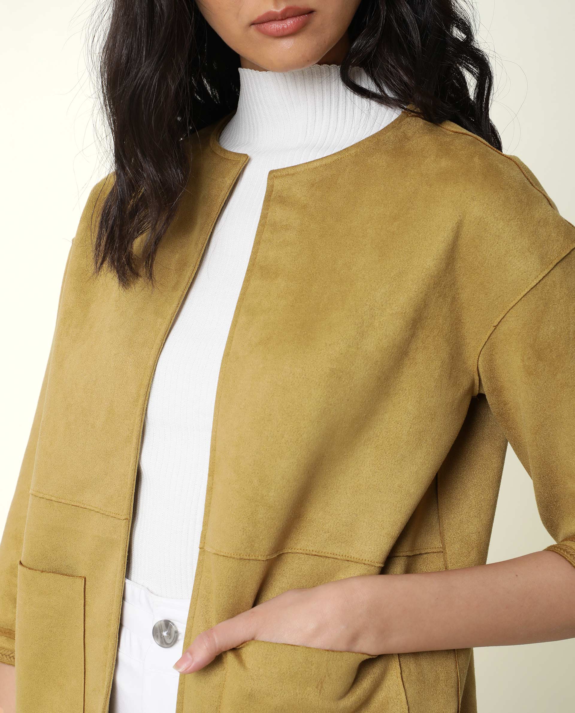 Rareism Women's Square Yellow Polyester Boat Neck Plain Regular Fit Jacket