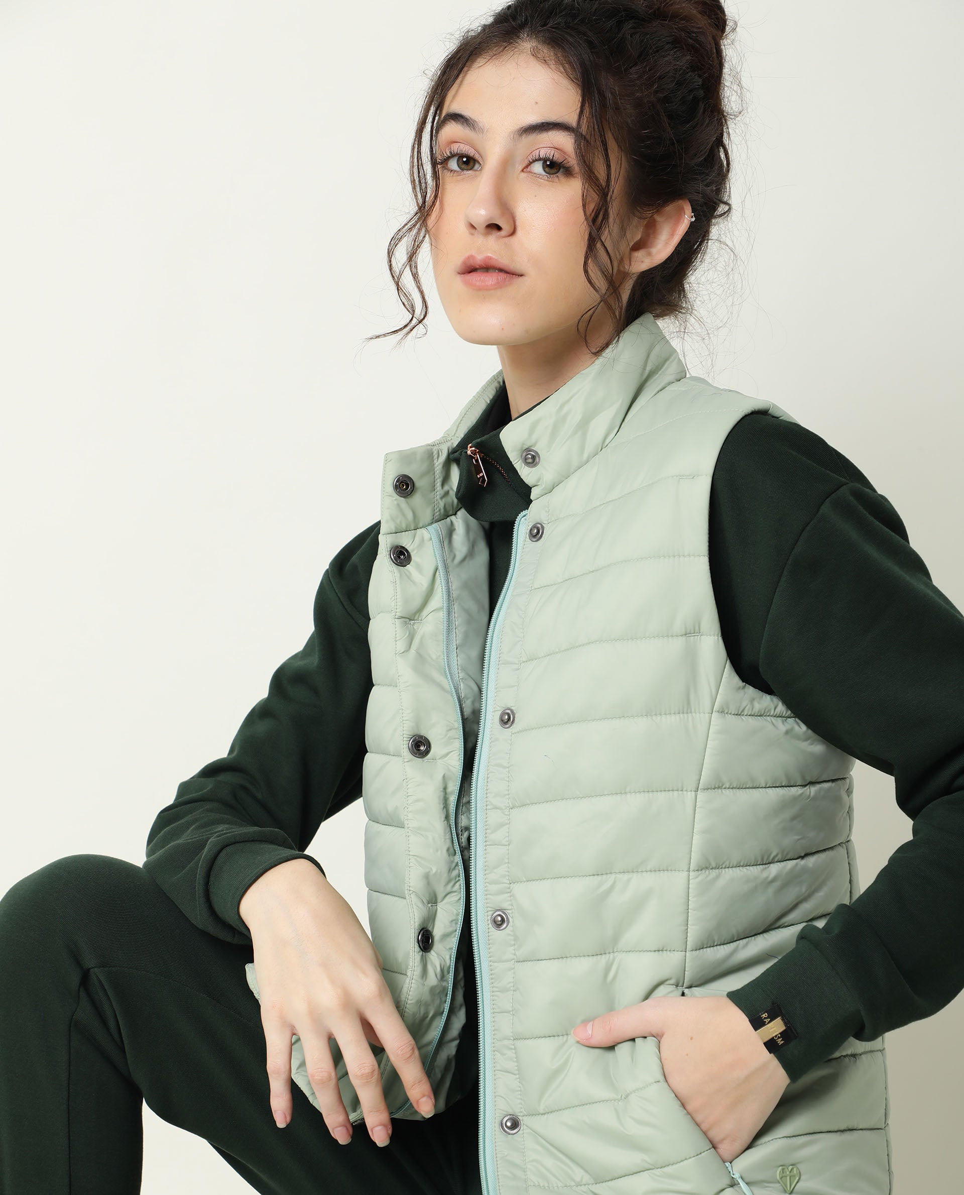 Rareism Women Trunk Light Green  Sleeveless Solid Hooded Jacket